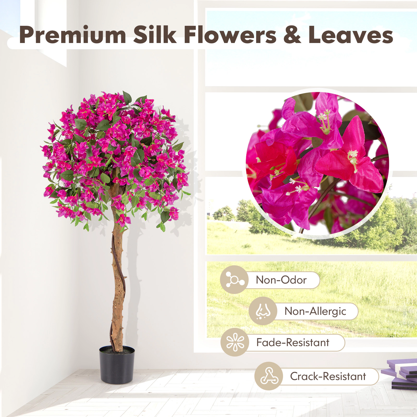 SUGIFT 4.5-Foot Artificial Azalea Tree with Cement Pot Red and Green Foliage
