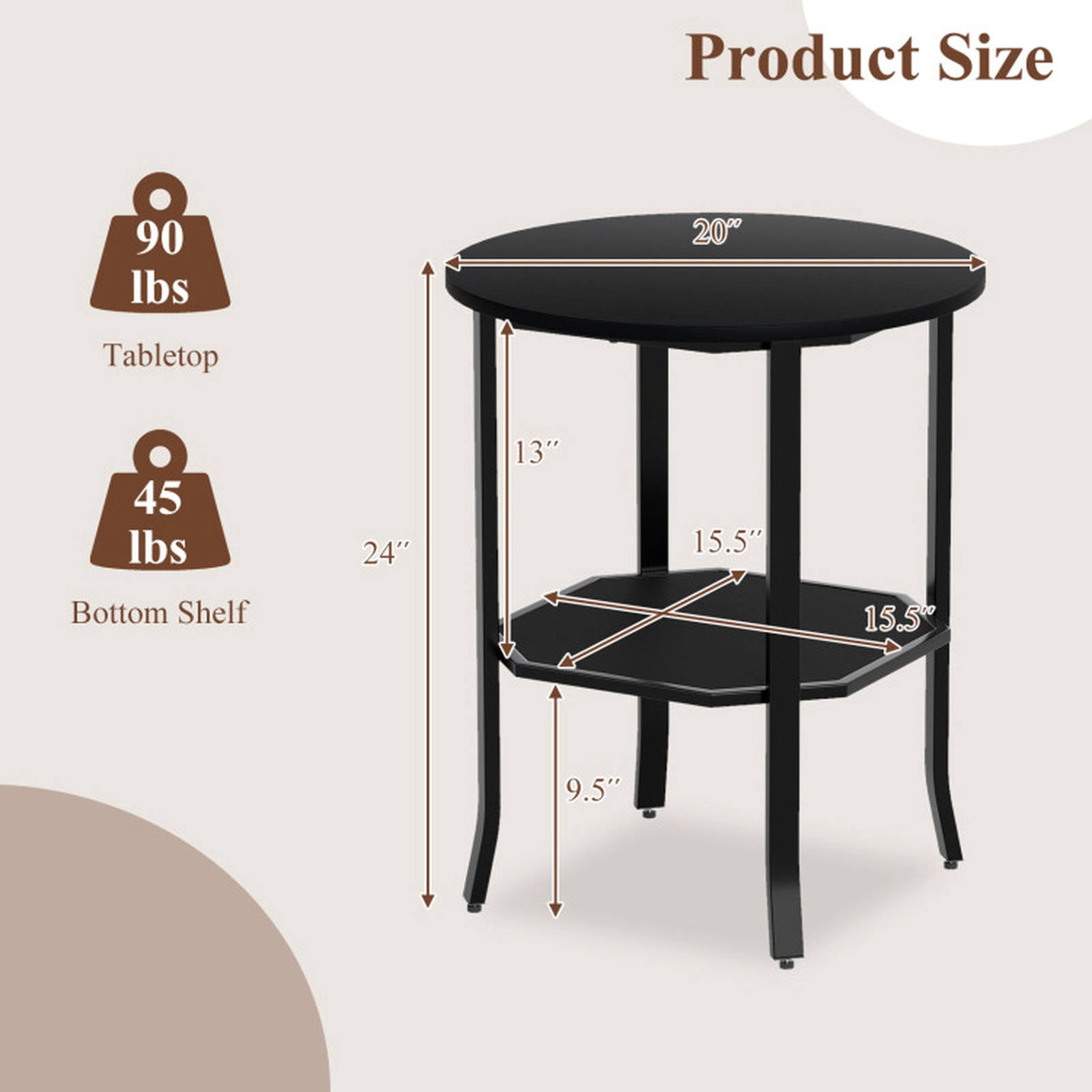 SUGIFT Storage Shelf and Carbon Steel Frame 2-Tier Black Round Side Table