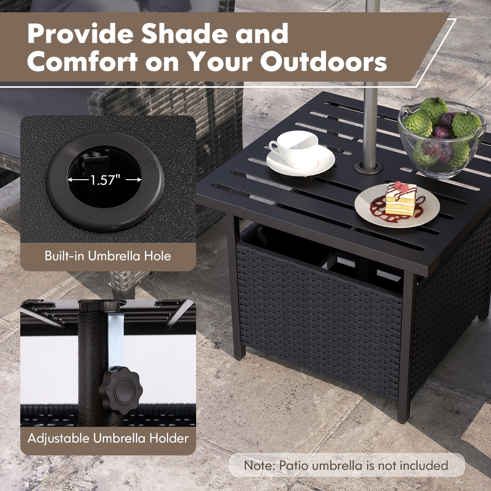 SUGIFT 22-Inch Square Wicker Patio Side Table with Umbrella Hole, PE Rattan and Steel Frame