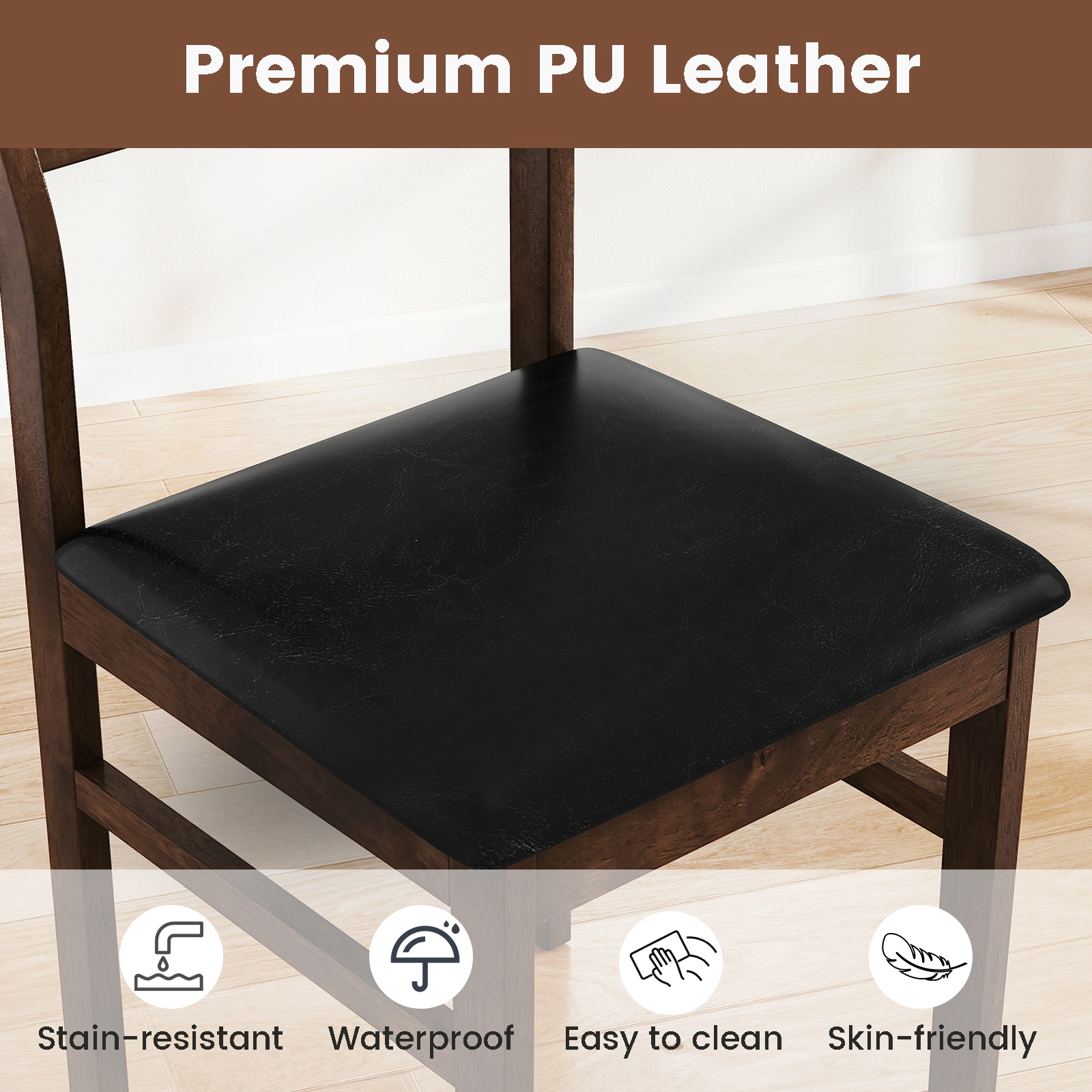 SUGIFT Walnut Wooden PU Leather Padded Seat Rubber Wood Frame Set of 2 Dining Chairs