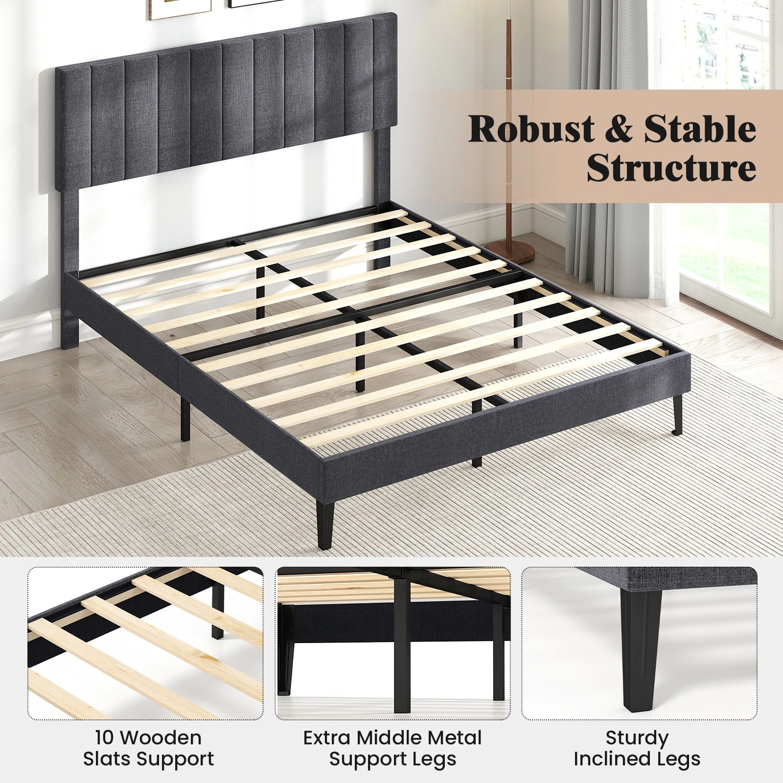 SlickBlue Upholstered Platform Bed Frame with Adjustable Headboard