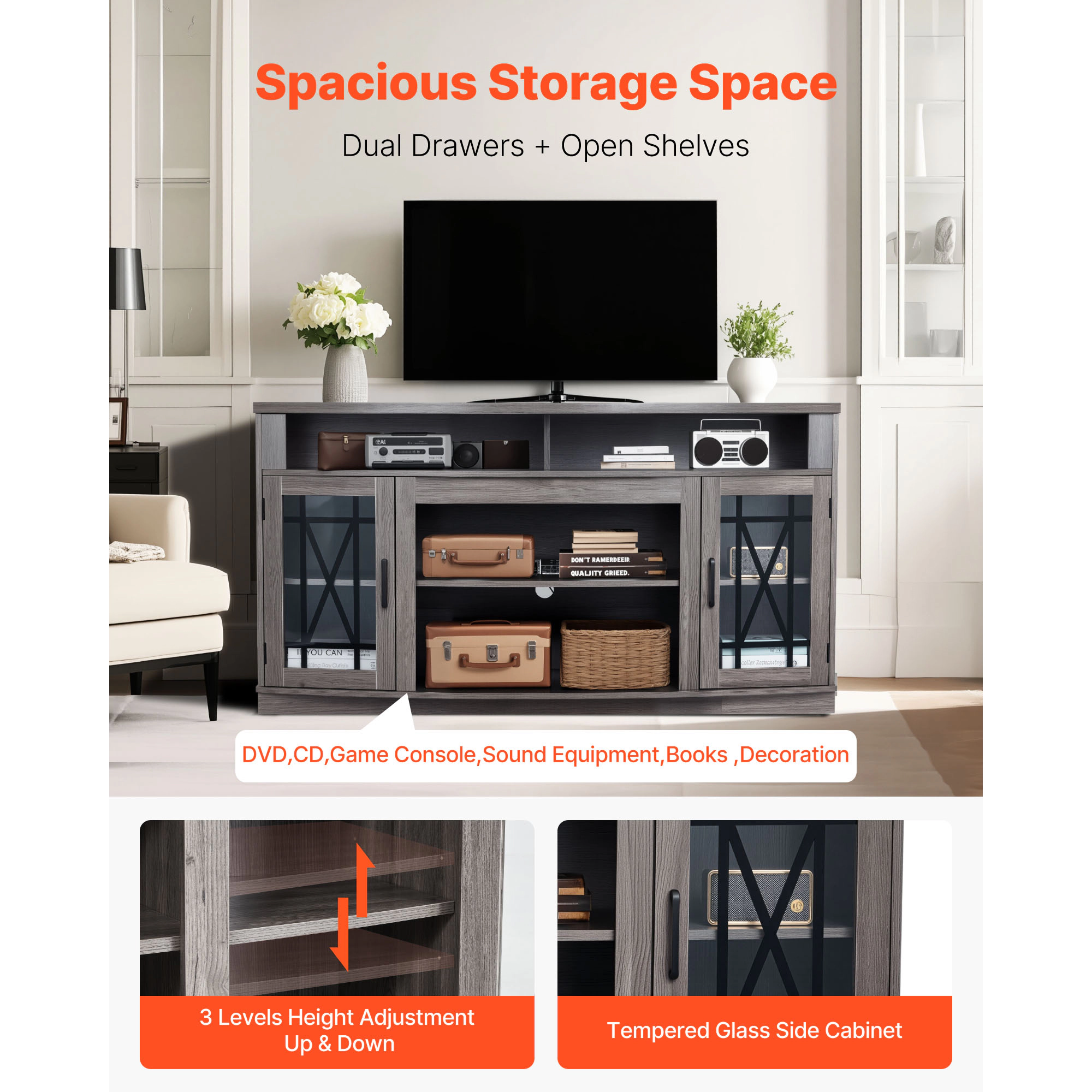 HONGGE TV Stand for TVs up to 65 Inch, Entertainment Center with Light Strip
