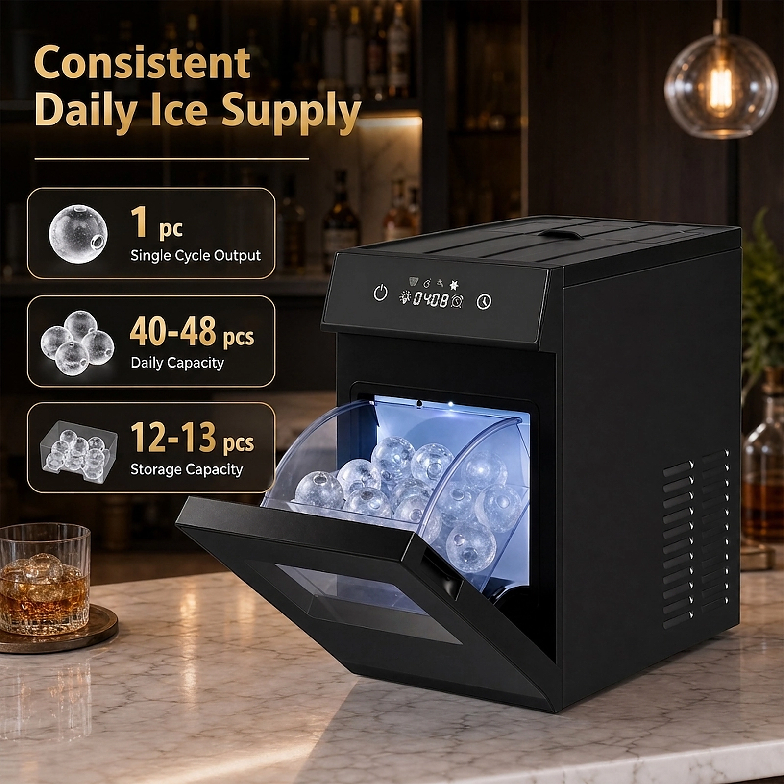 SUGIFT Black 2-in Sphere Ice Ball Maker Countertop with Self-Cleaning 8H Timer and Ice Drop Buffer