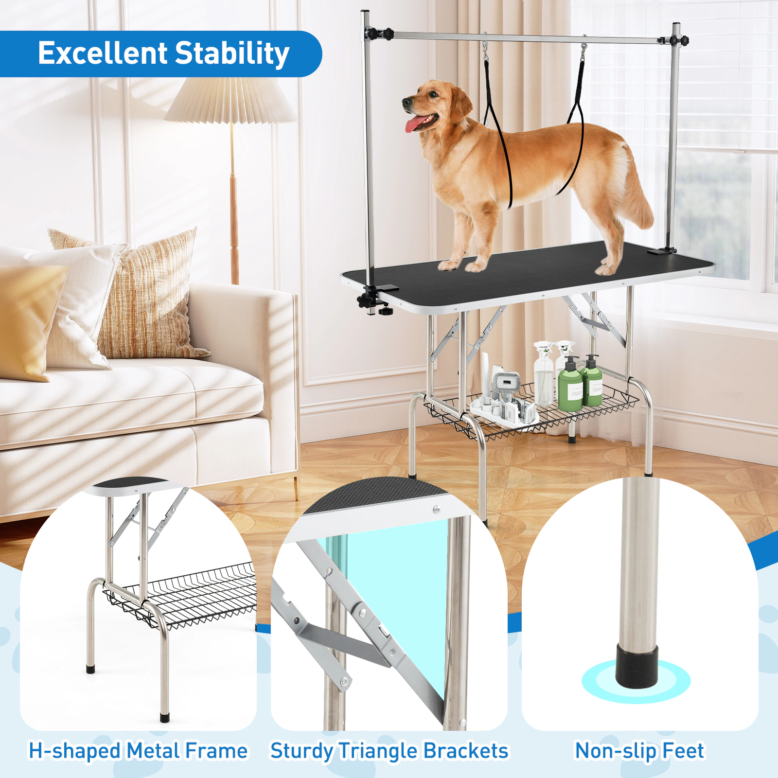 SUGIFT Black Foldable Dog Grooming Table with Adjustable Arms 47-in W 24-in D 30-in H 330-lb Tabletop Capacity
