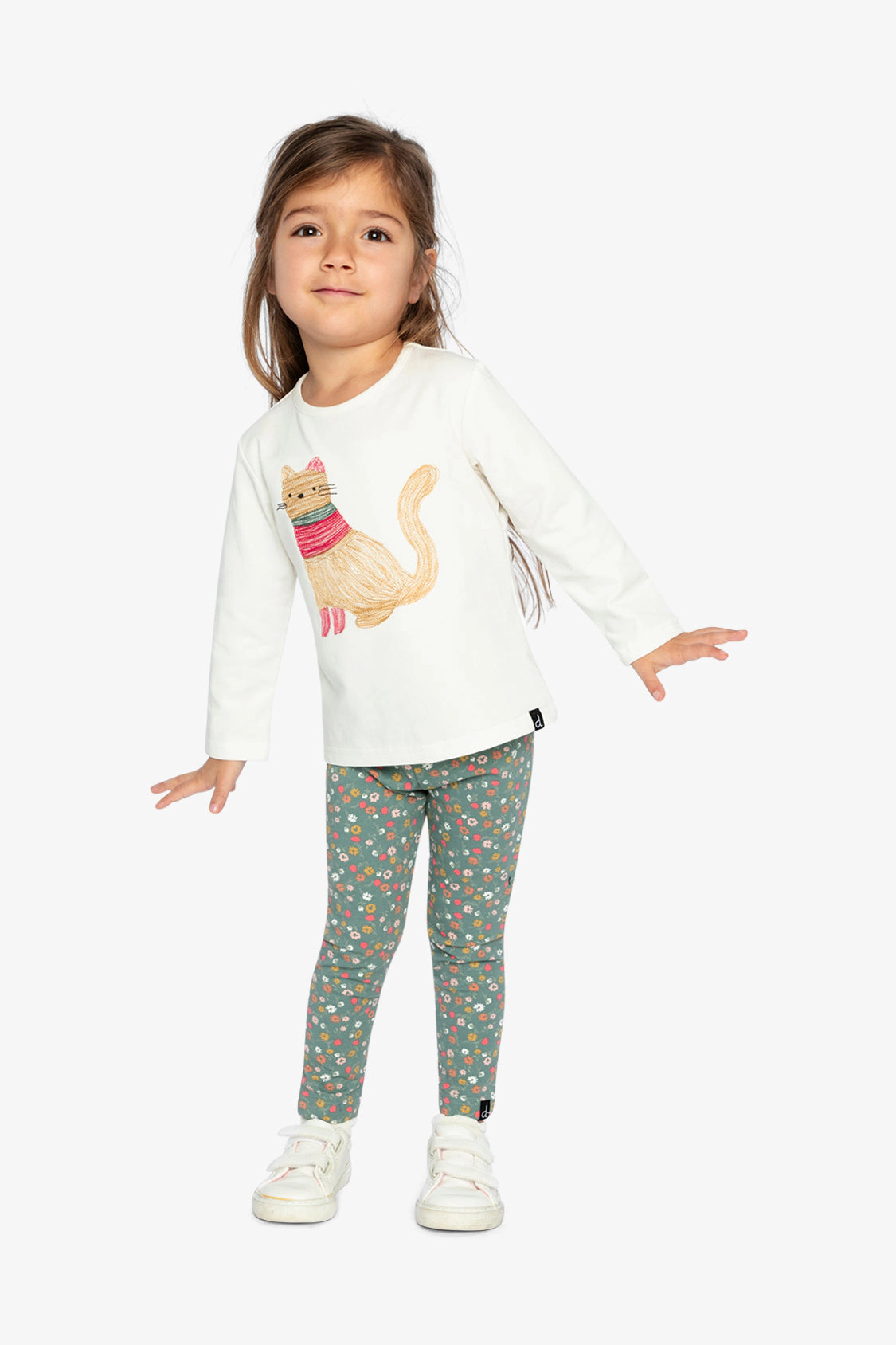 Deux par Girls Embroidered Cat Organic Cotton Long Sleeve T-Shirt