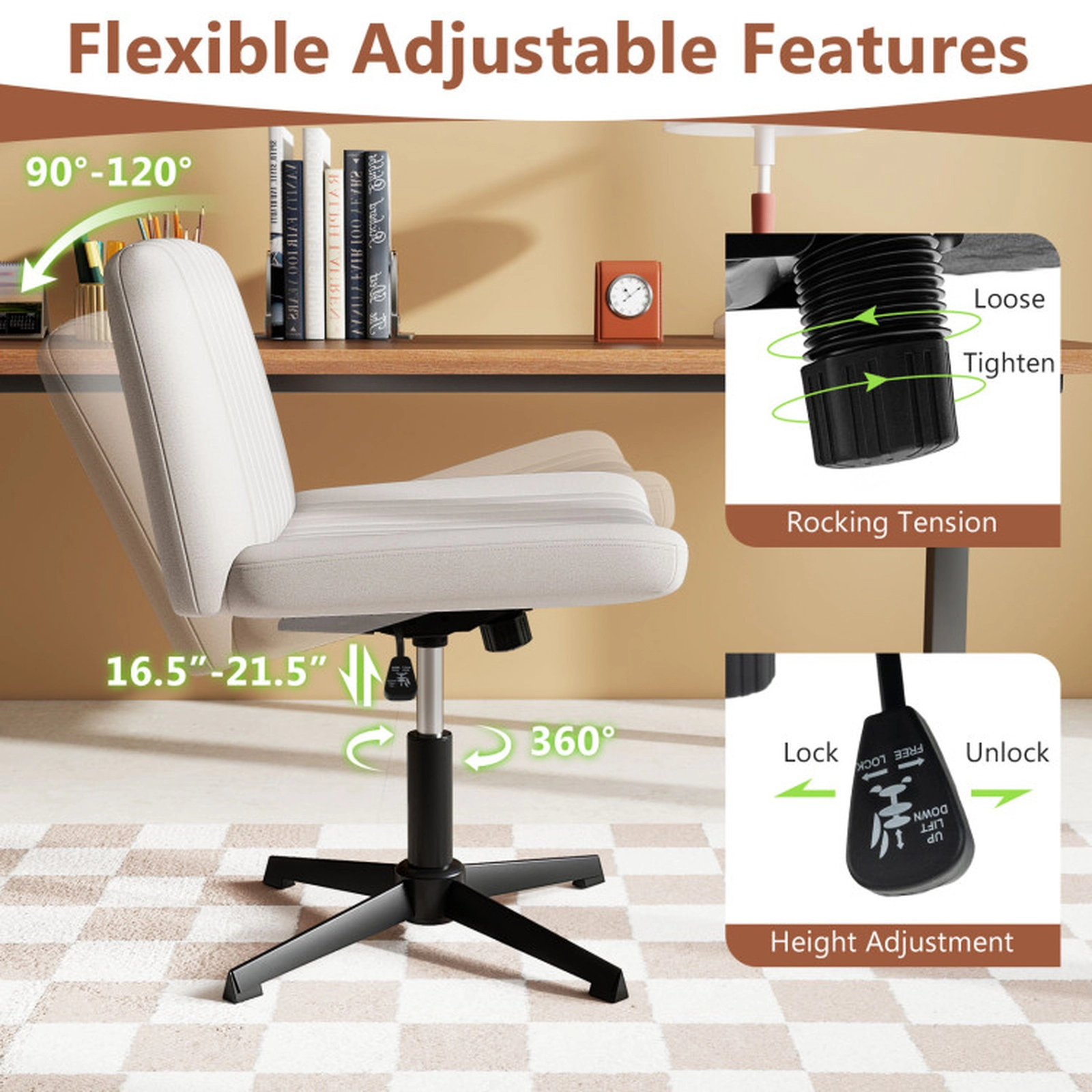 SUGIFT 350-lb Capacity Armless Criss Cross Legged Swivel Desk Chair with Linen Upholstery and No Wheels