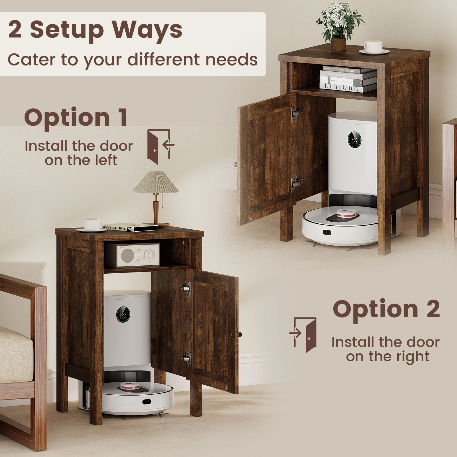 SUGIFT Robot Vacuum Storage Cabinet with Door and Open Shelf 165-lb Capacity Dark Brown/Dark Gray