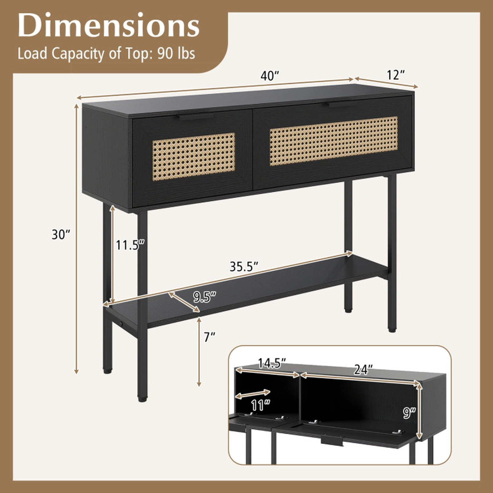 SUGIFT PE Rattan 2 Cabinets Open Shelf Carbon Steel Frame Console Table 40-in x 12-in x 30-in 90-lb Capacity Black