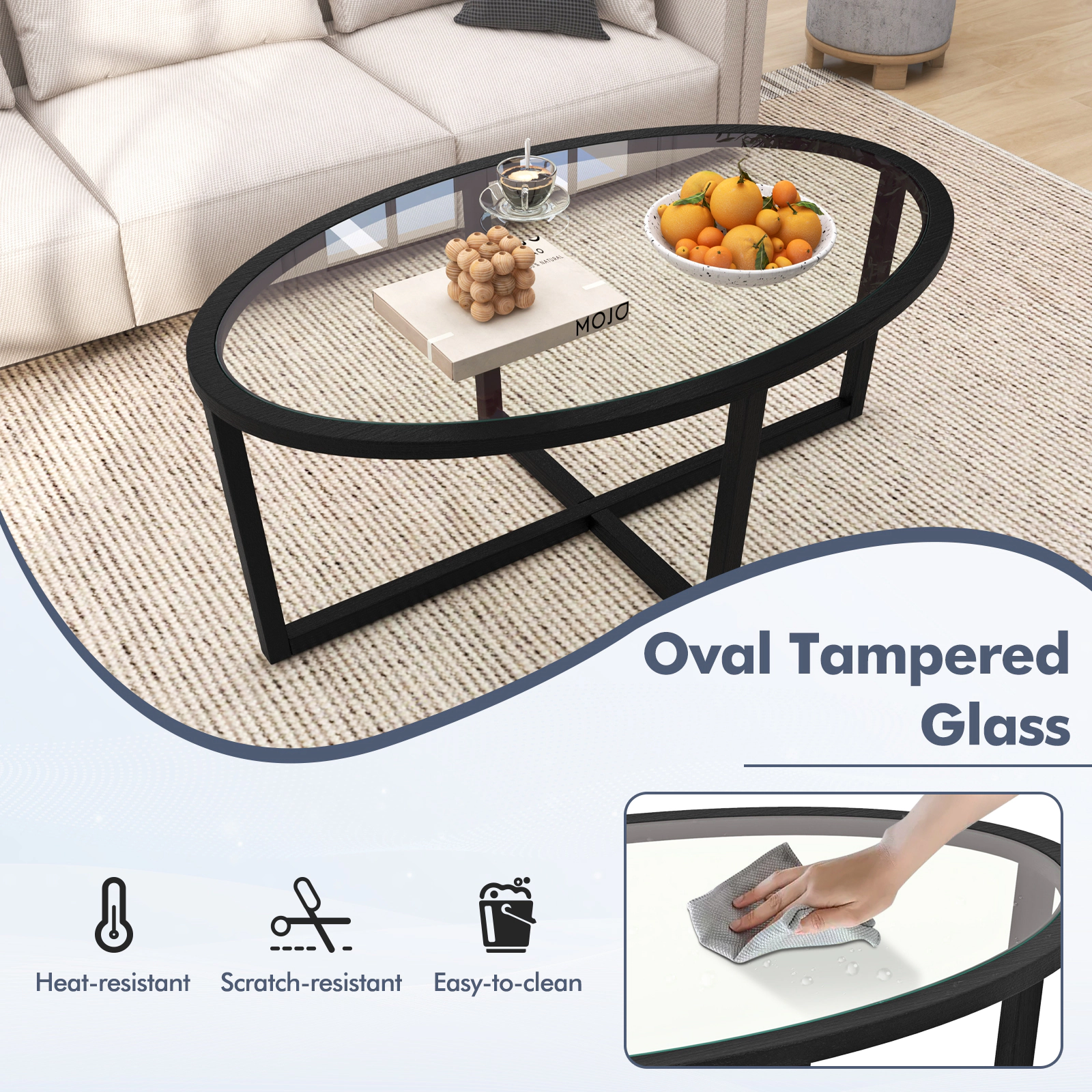 SUGIFT 46.5-in Oval 110-lb Capacity Black Glass Coffee Table with Cross Base and Acacia Wood Legs