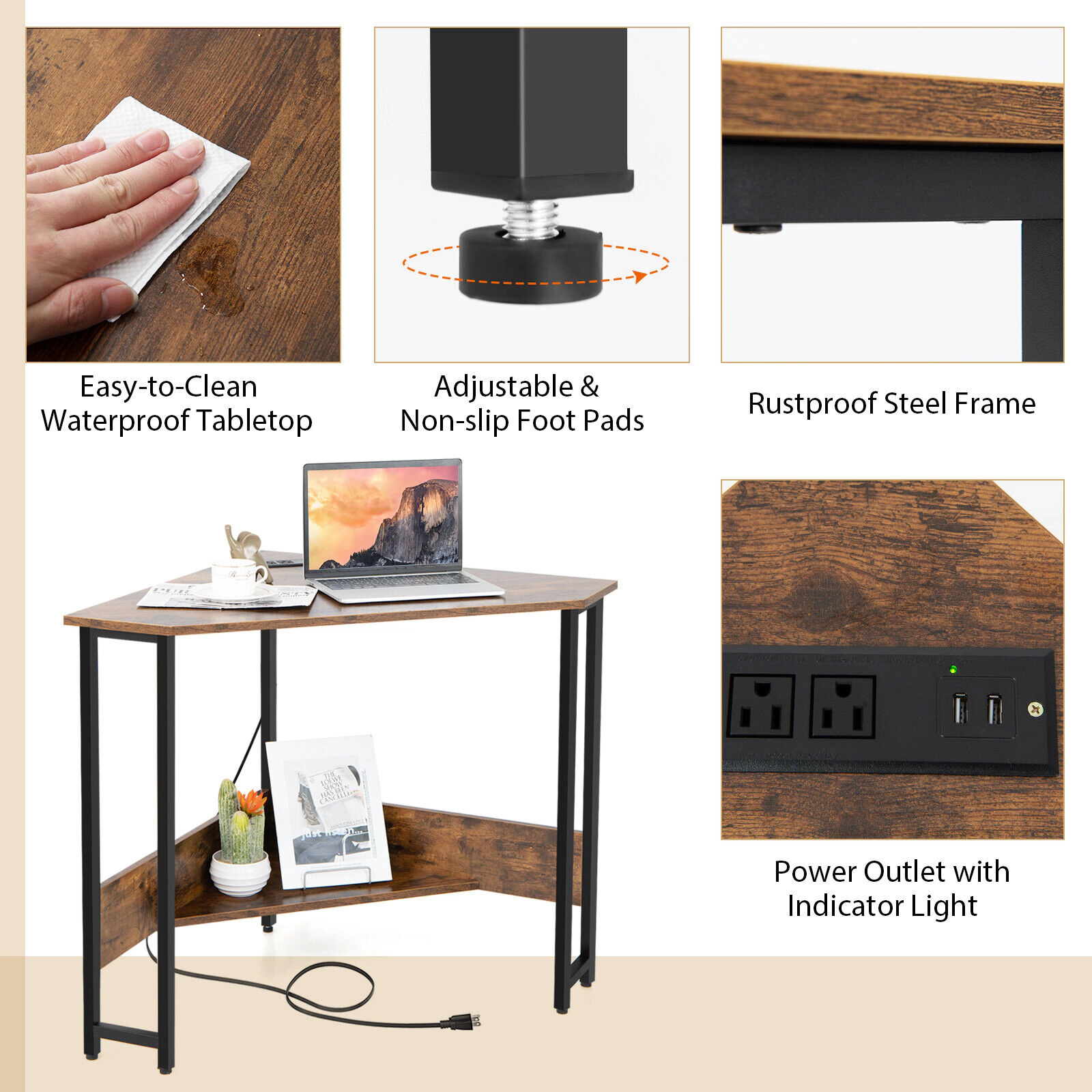 SUGIFT Space-Saving Triangle Computer Corner Desk with Charging Station 200-lb Tabletop Capacity Rustic Brown