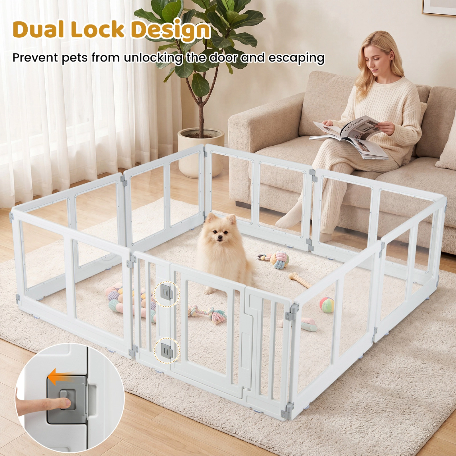 SUGIFT Clear Plastic 8-Panel Dog Playpen Pet Gate with Secure Locking Door 22.5-in Tall Multiple Layouts White