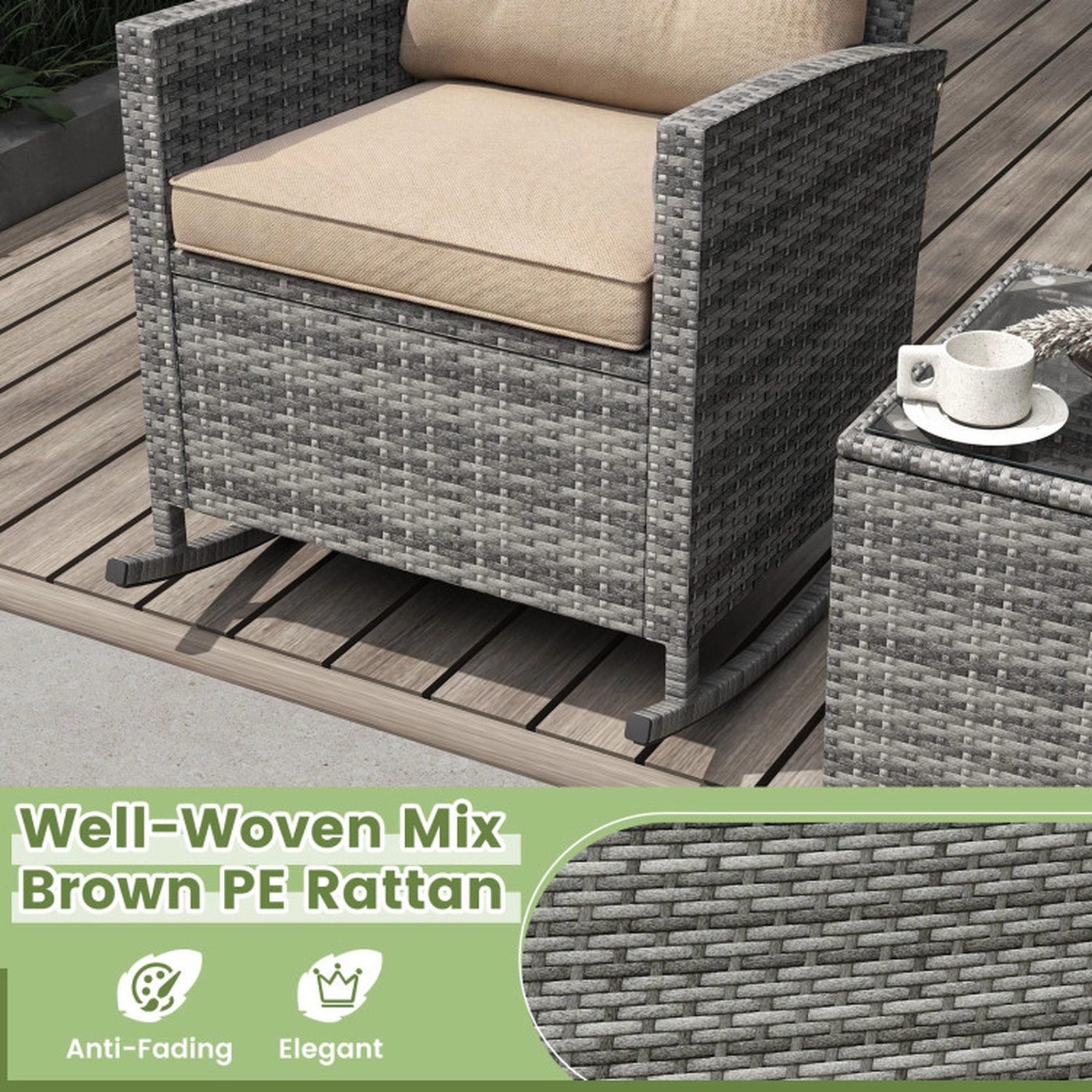 SUGIFT Beige Tempered Glass Table and Cushions 3-Piece Patio Rattan Rocking Chair Set
