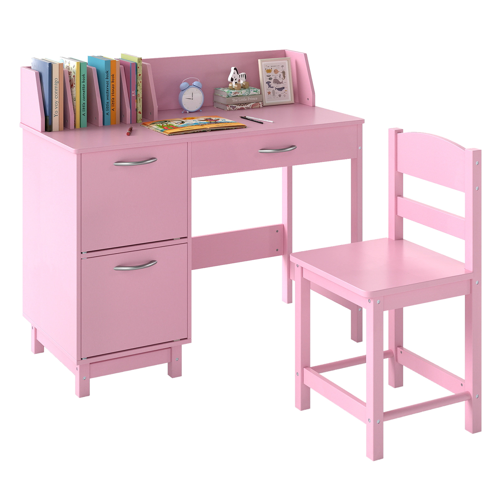 SUGIFT Pink 4 Book Sorters and Drawer Wooden Kids Study Desk and Chair Set