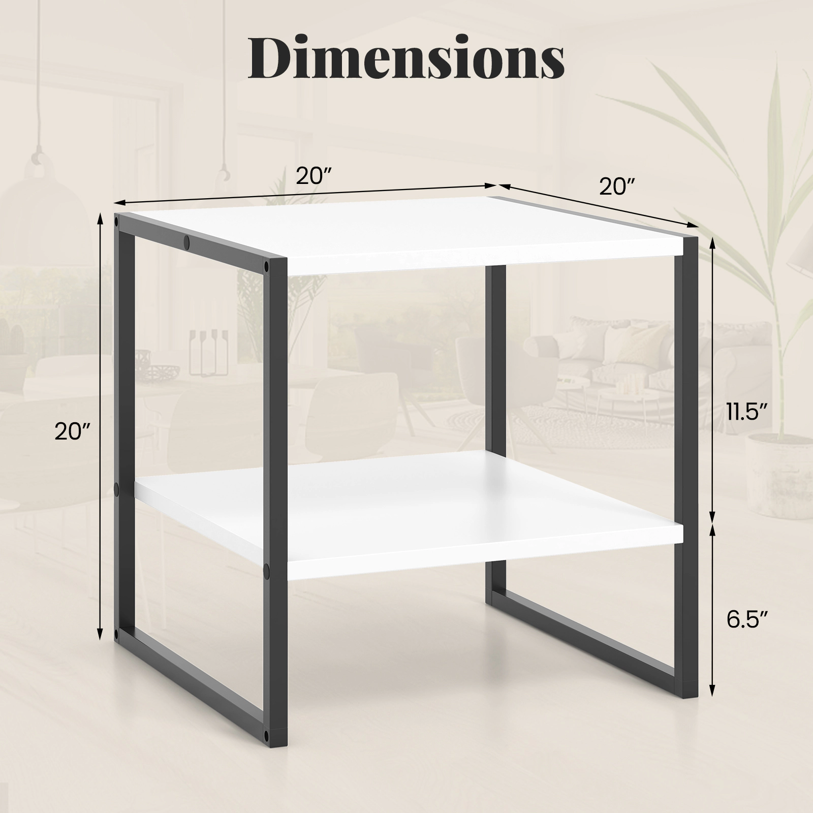 SUGIFT 2-Tier Square End Table Reversible Storage Shelf 55-lb Tabletop Capacity 16.5-lb Shelf Capacity White + Black