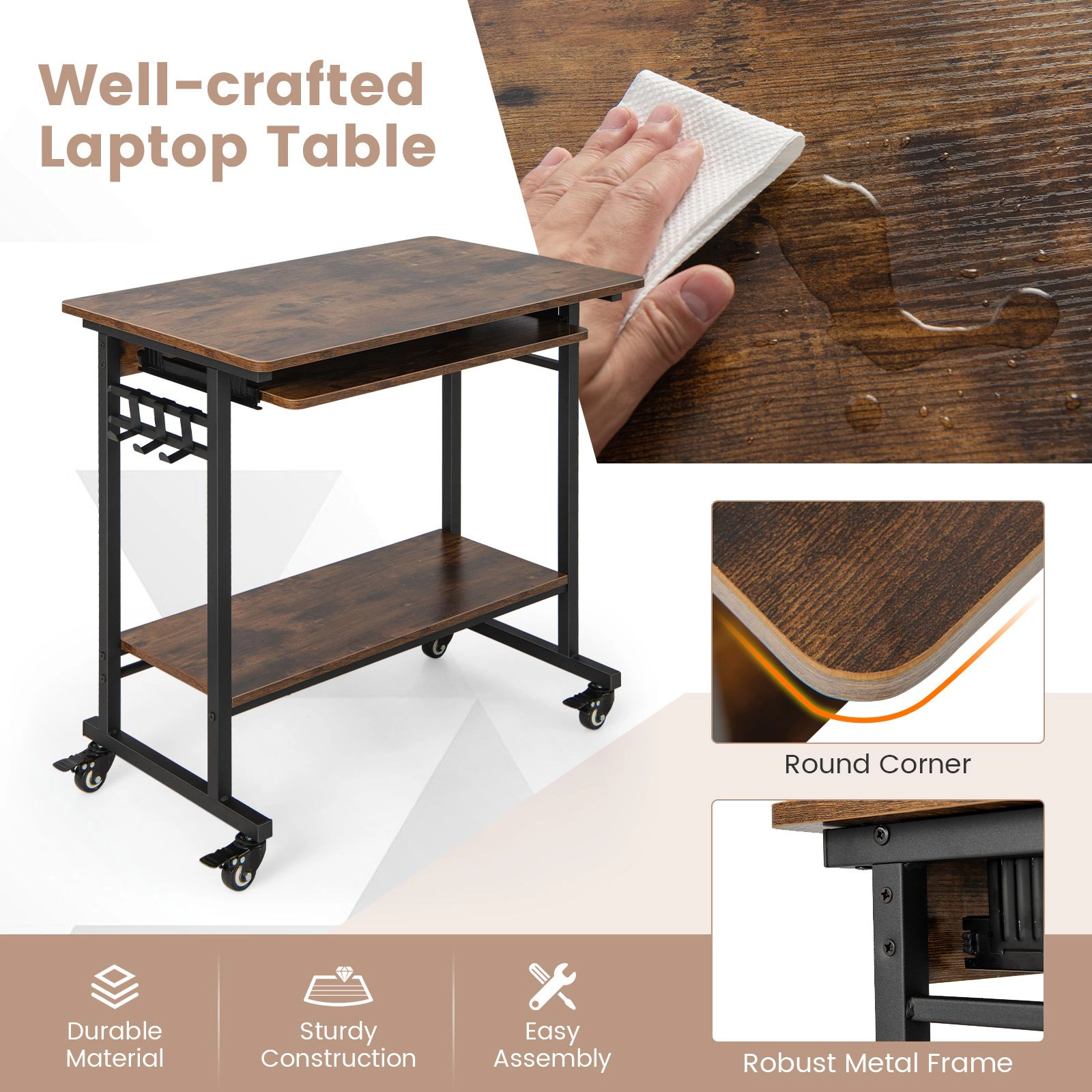 SlickBlue Mobile Computer Desk with Casters, Hooks and Keyboard Tray