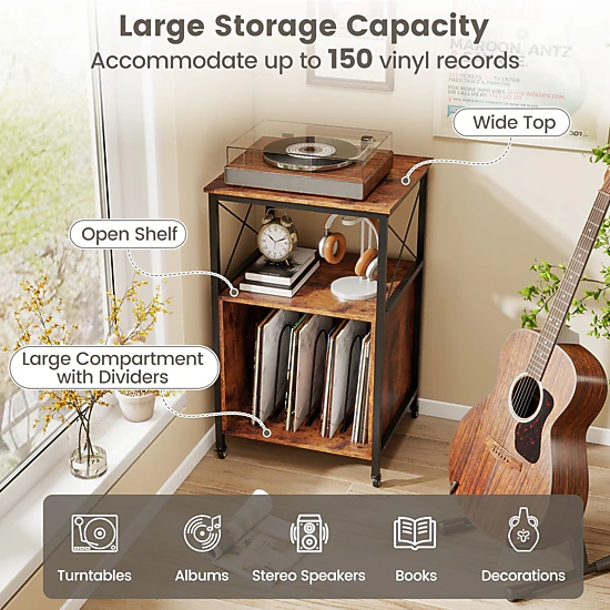 SlickBlue Vinyl Record Player Stand, 3-Tier Storage Cabinet with Outlets, USB & Type-C Charging