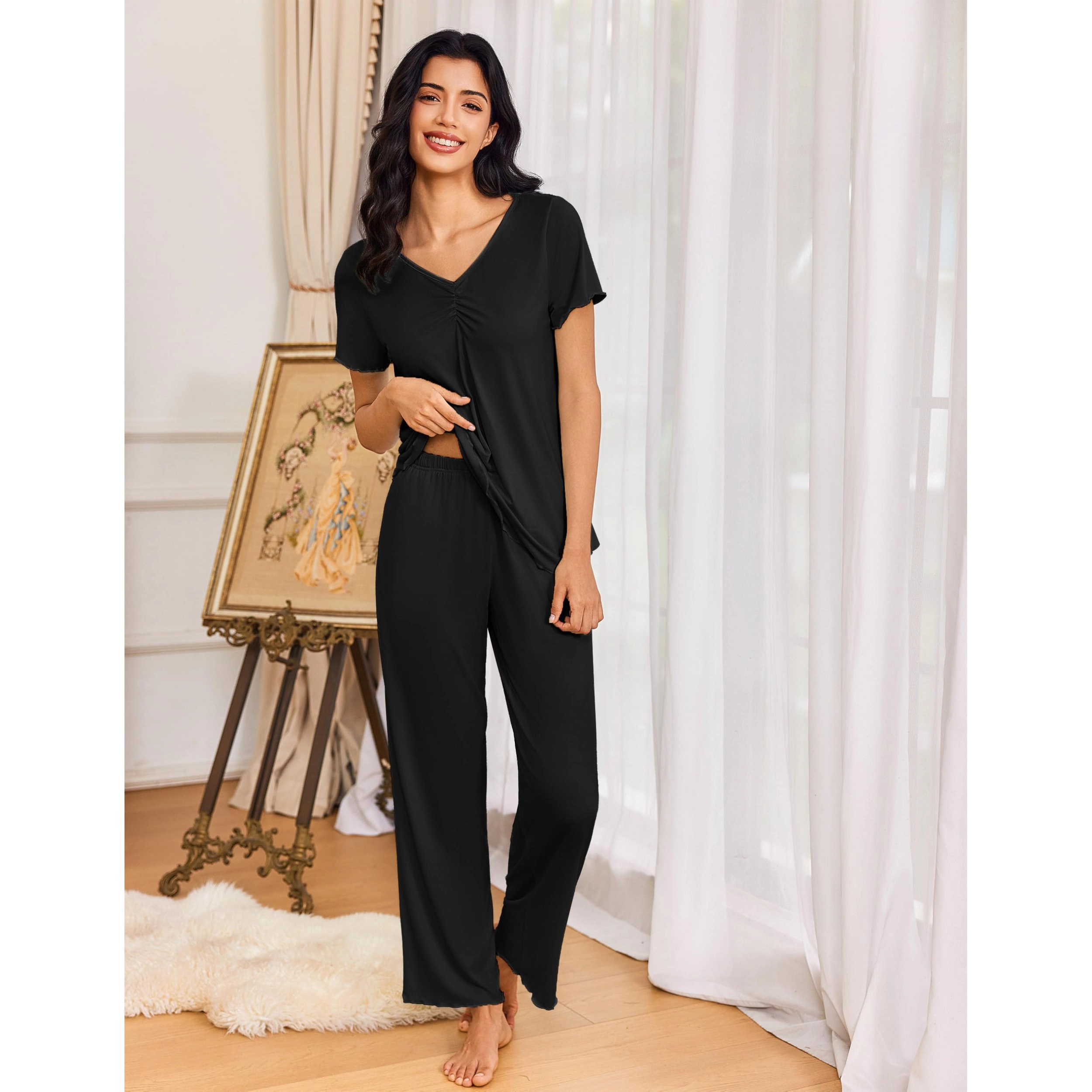 Ekouaer Women’s Soft Pajama Set Short Sleeve Top and Long Pants