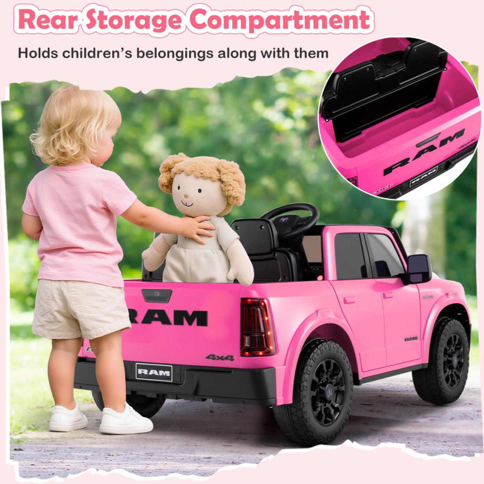SUGIFT Pink Remote Control and Music 24V 2-Seater Licensed Ram Big Kids Ride On Truck