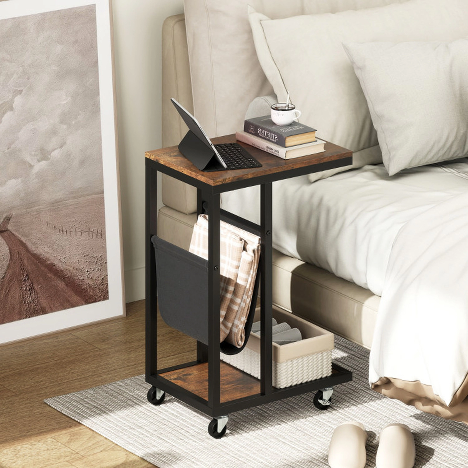 SUGIFT Rolling C-Shaped Side Table with Canvas Pouch, Metal Frame and 4 Casters