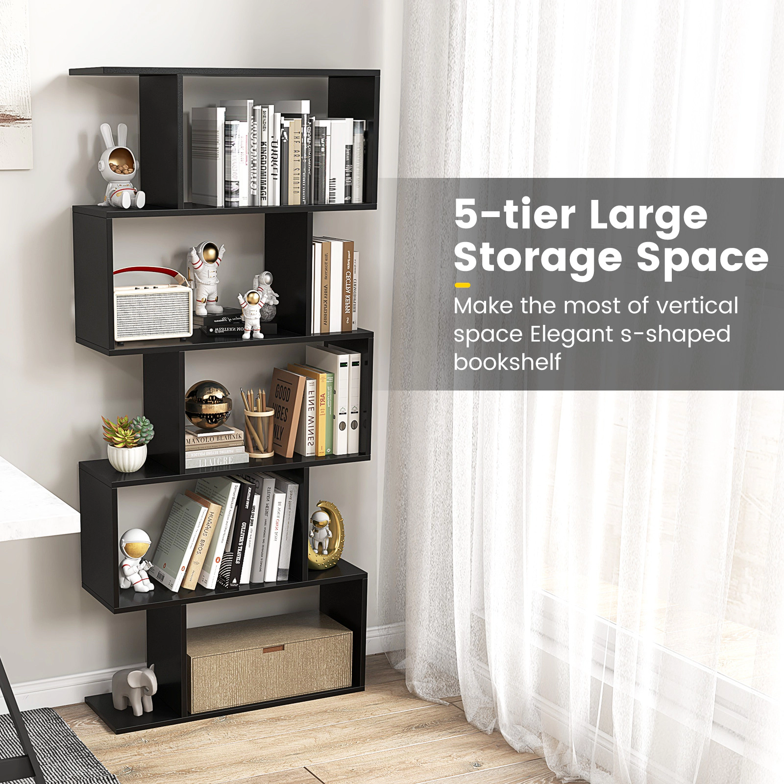 SUGIFT 5-Tier Black 62.5-in S-Shaped Geometric Bookshelf Room Divider with Anti-Toppling Device and 45-lb Shelves