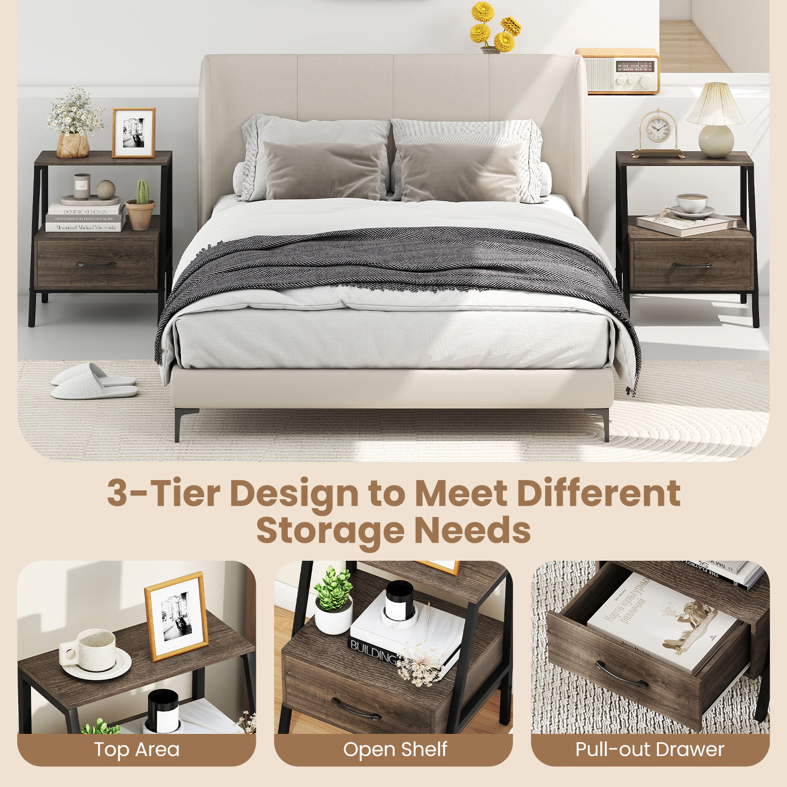 SUGIFT 3-Tier Farmhouse Nightstand Open Shelf & Drawer 155-lb Capacity 17.5-lb Net Weight Gray Engineered Wood & Metal