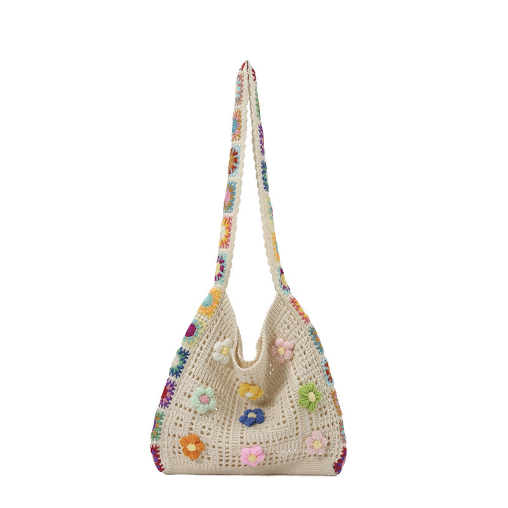 Alilang Women's Crochet Shoulder Bag with Flower Applique and Wide Strap, Beige