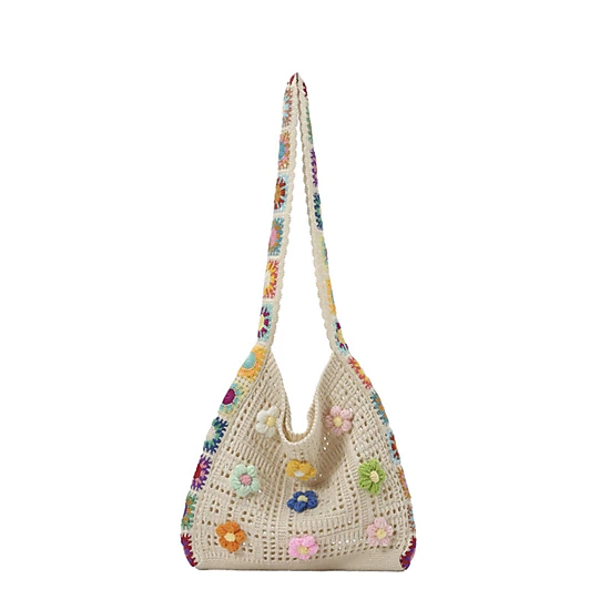 Alilang Women's Crochet Shoulder Bag with Flower Applique and Wide Strap, Beige