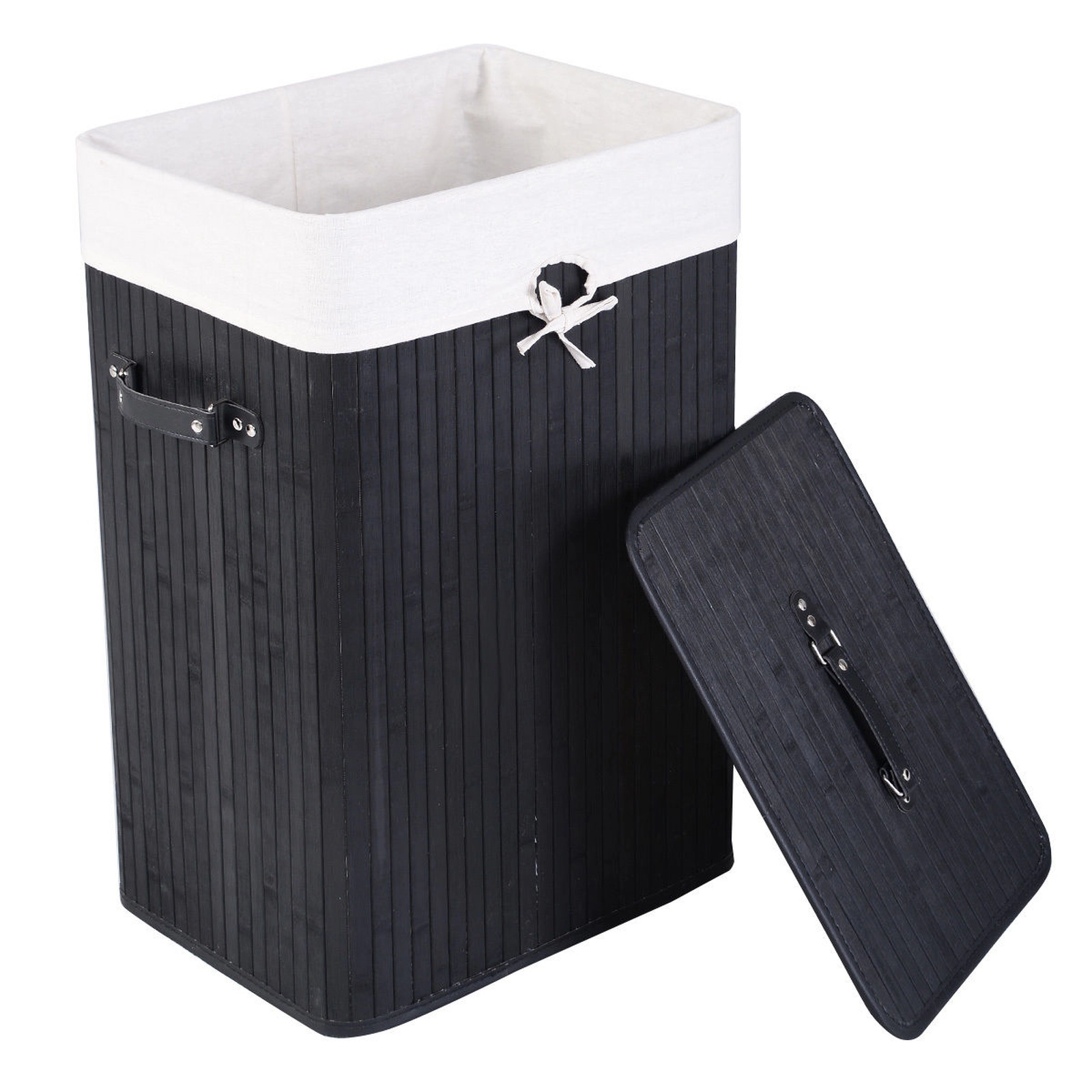 SUGIFT Rectangular Bamboo Laundry Hamper Black 72 L with Removable Cotton Bag and Lid