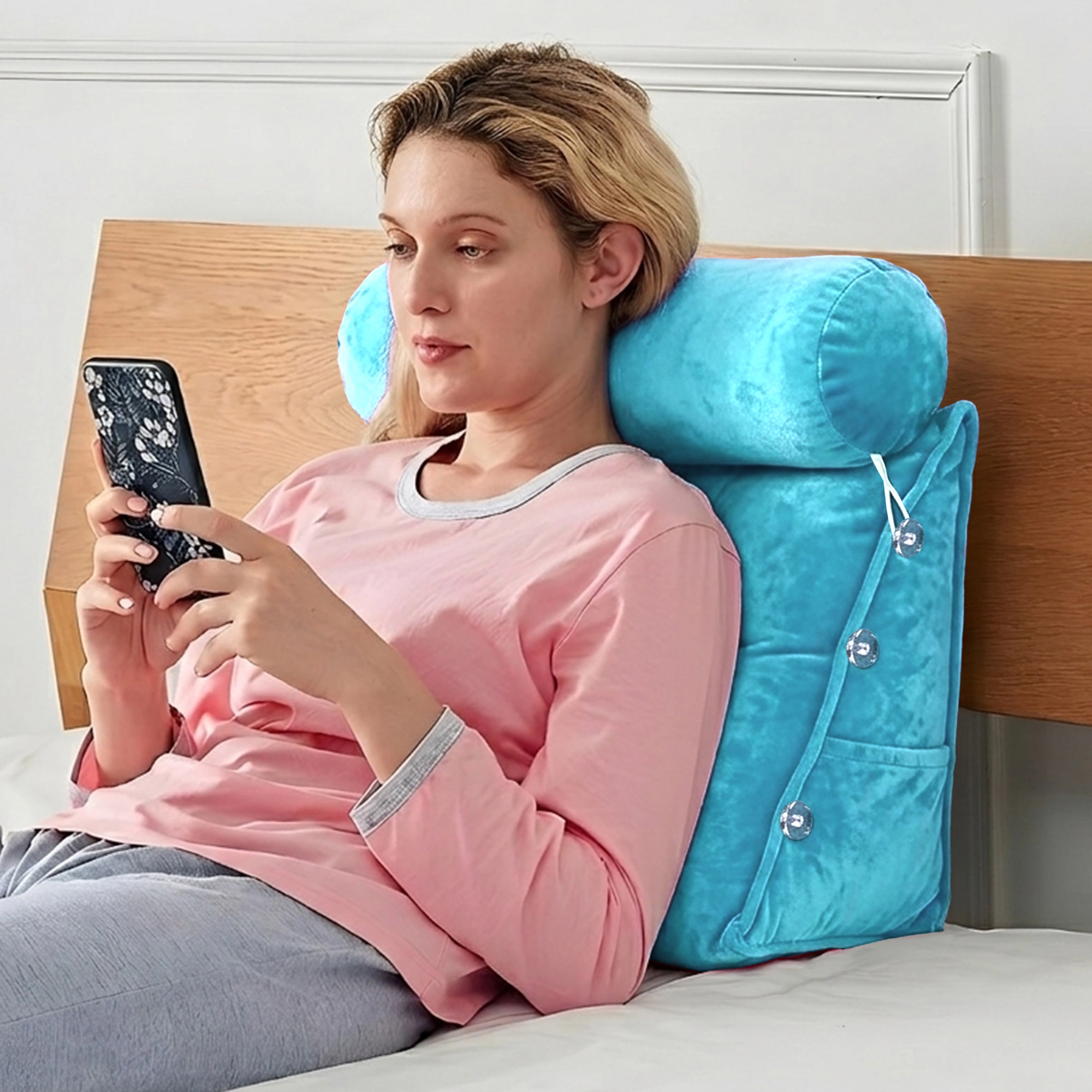 Cheer Collection Wedge Reading Pillow with Adjustable Neck Roll and Side Pocket