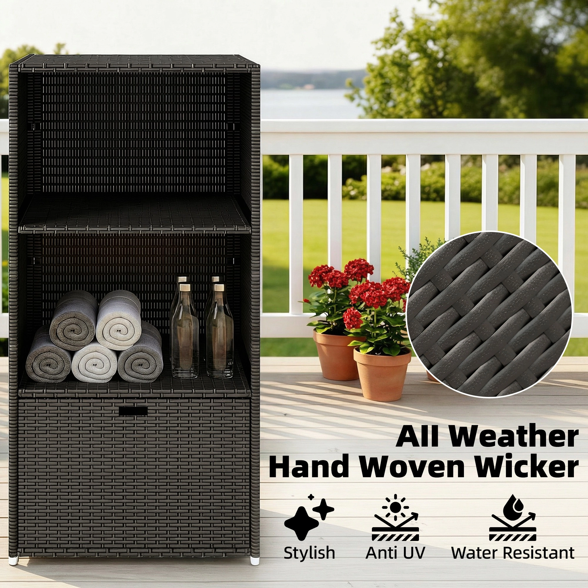 HONGGE Valet Pool Towel Rack, Water-Resistant PE Plastic Rattan Wicker Storage Organizer, 2 Shelves, 1 Basket Drawer