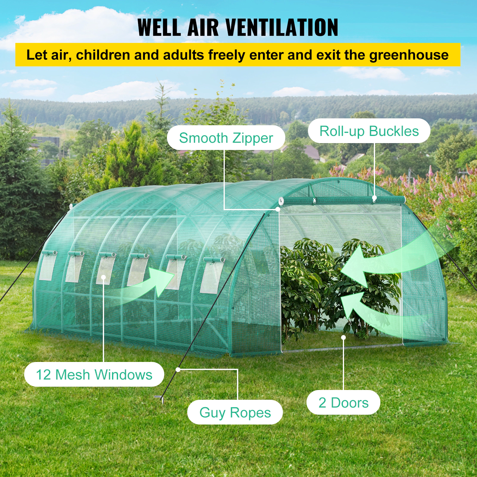 HONGGE Walk-In Tunnel Greenhouse 20 x 10 x 7 ft, Galvanized Steel Hoops, PE Cover, 2 Zippered Doors and 12 Mesh Windows