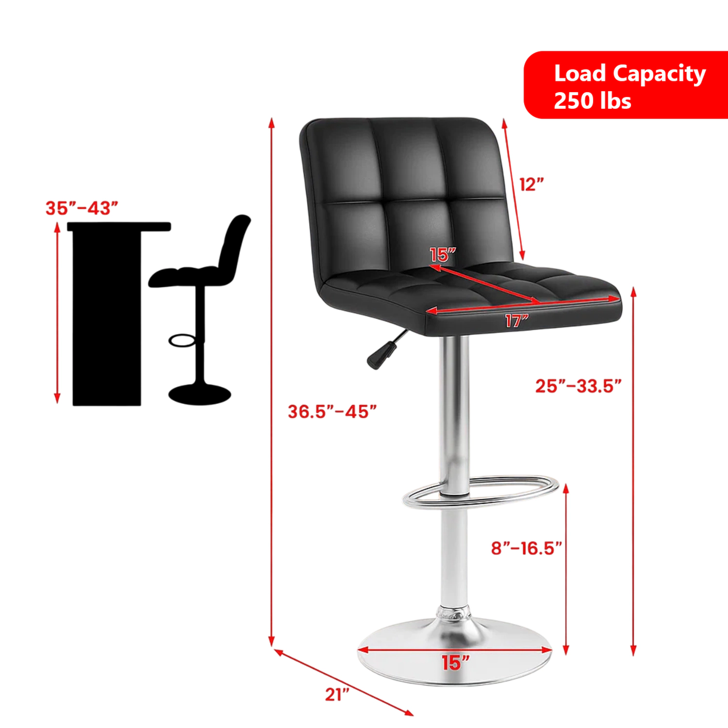 Hivvago Set of 2 Contemporary Bar Stools with Backrest Sturdy Metal Frame and Footrest