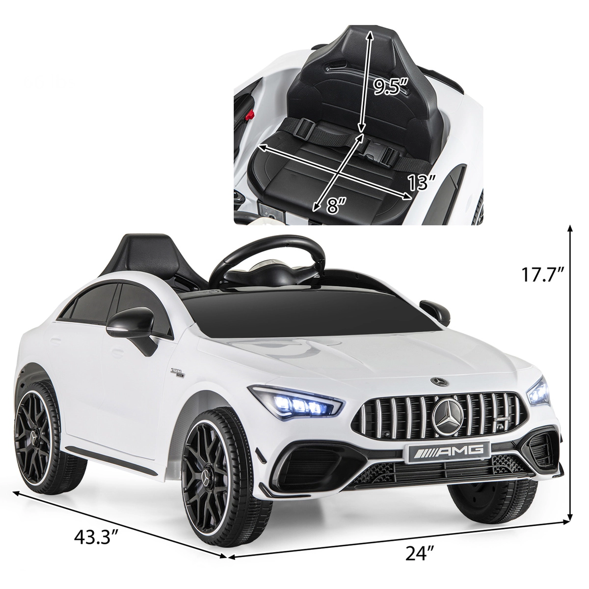 SUGIFT Kids White 12V Ride On Sports Car with Remote Control and LED Lights 43.3-in W 17.7-in H 66-lb Seat Capacity