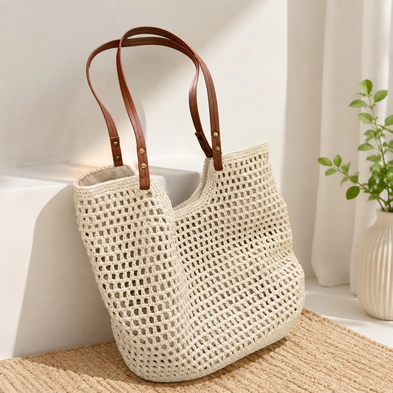 Alilang Women's Woven Mesh Tote Bag Lightweight Shoulder Handbag Large Capacity Vacation Beach Purse, Small