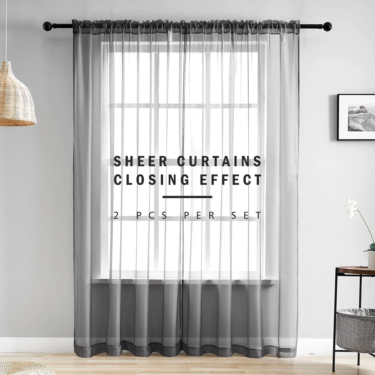 Kate Aurora Hotel Lux 2 Piece Charcoal Gray Rod Pocket Sheer Curtain Panels