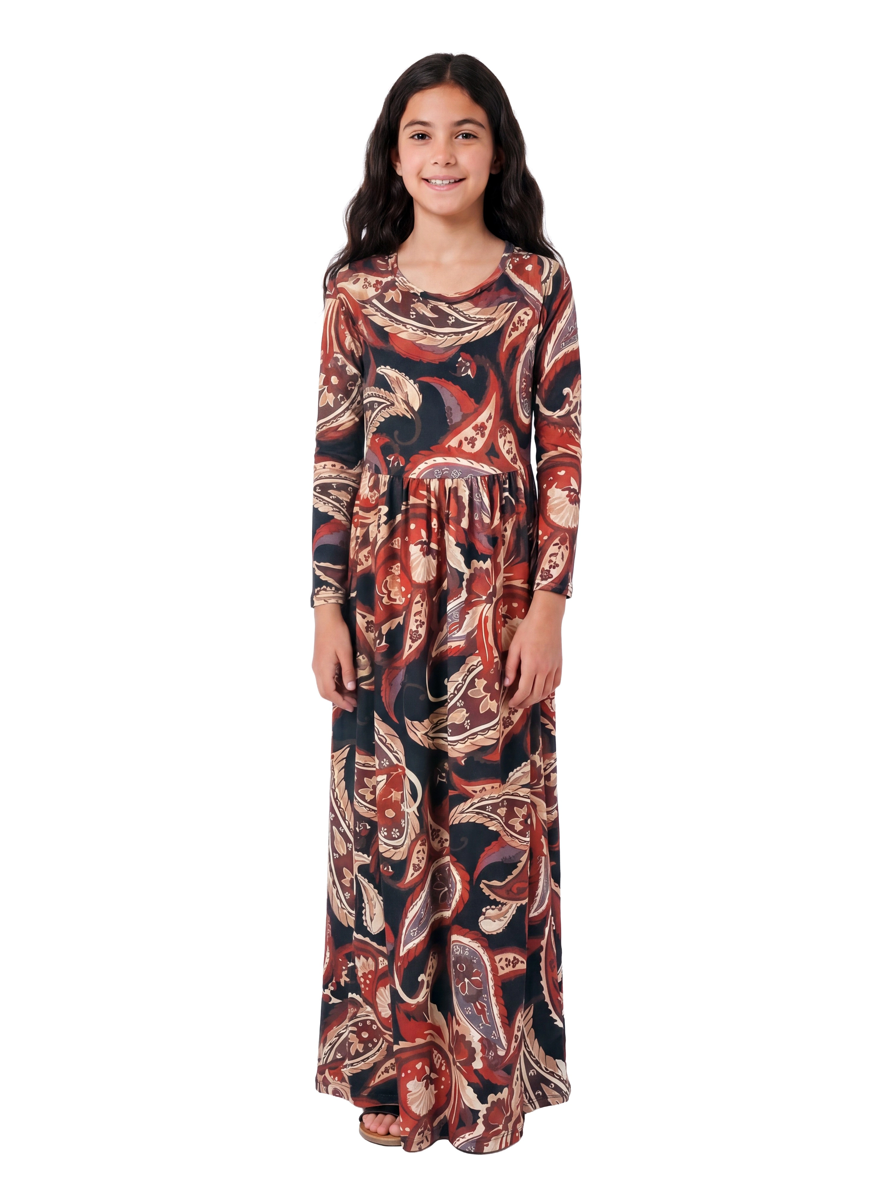 24sevenKid Essential Girls Black and Red Paisley Long Sleeve Pleated Maxi Dress