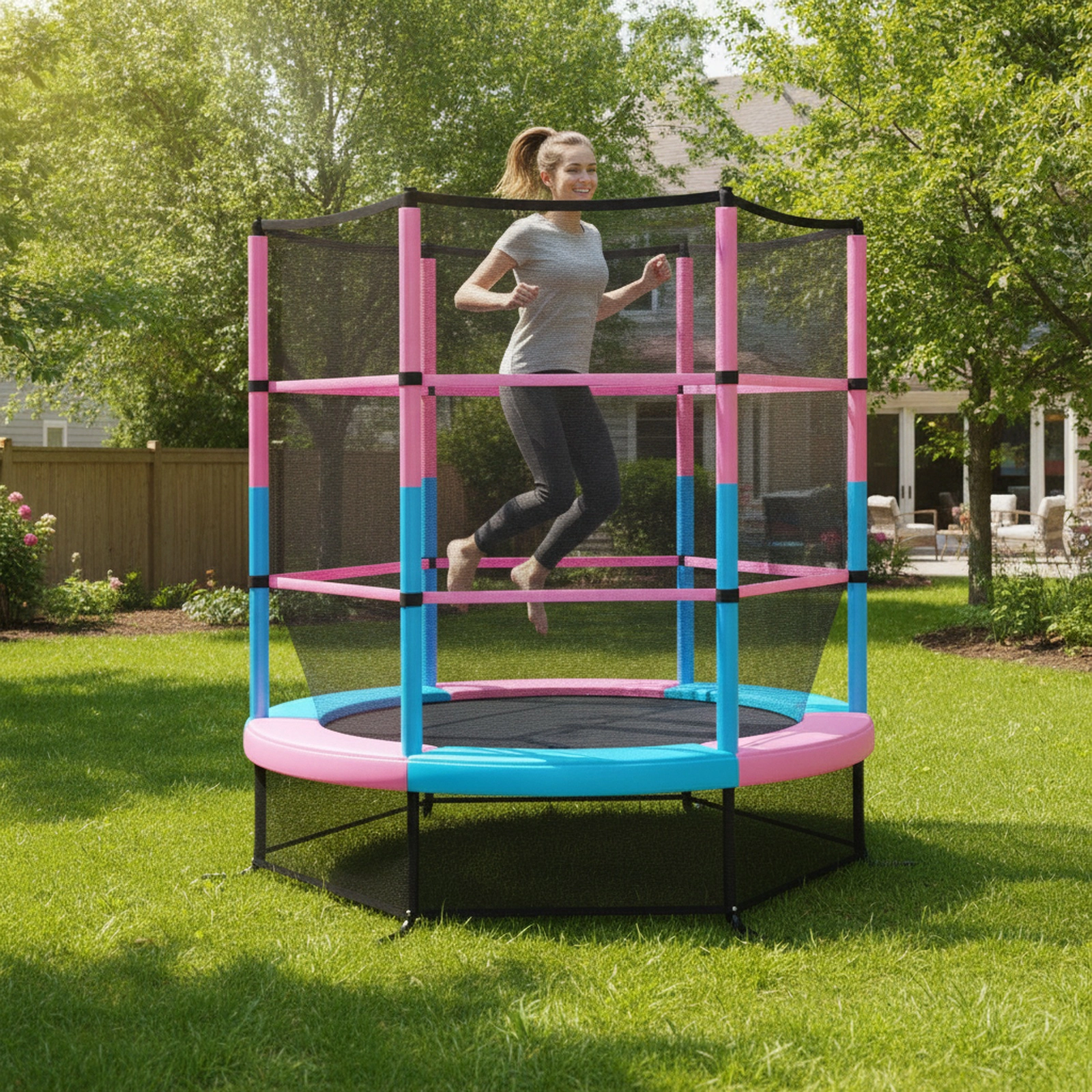 55-in Small Trampoline Kids 30 Tension Rope Bounce System 300-lb Capacity Pink Indoor Outdoor Recreational Jumping Mat