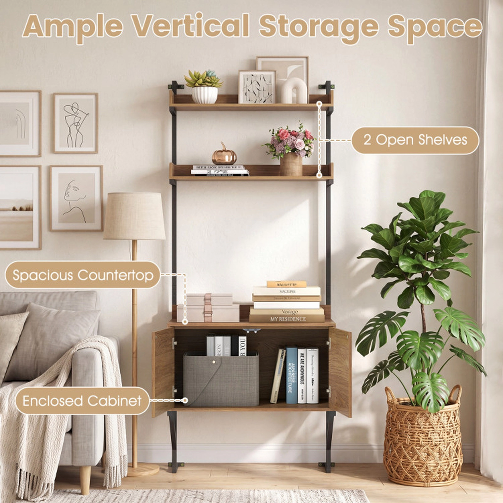 SUGIFT Tall Ladder Shelf Wall Mounted Bookcase with Storage Cabinet 33-lb Shelf Capacity Natural + Black