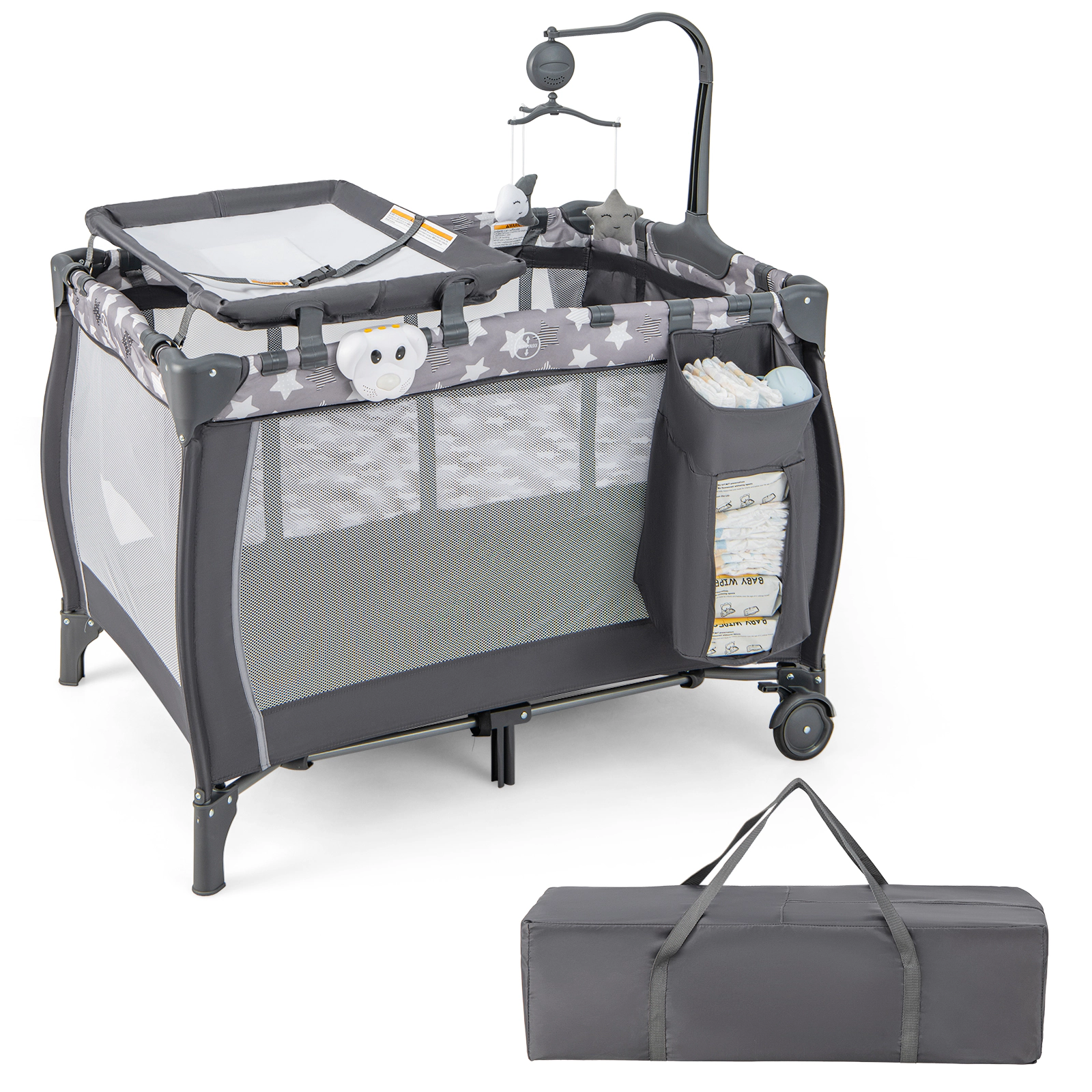 SUGIFT Portable Baby Playard with Changing Table Bassinet and Music Box 33-lb Capacity Ages 0-3 Years Gray