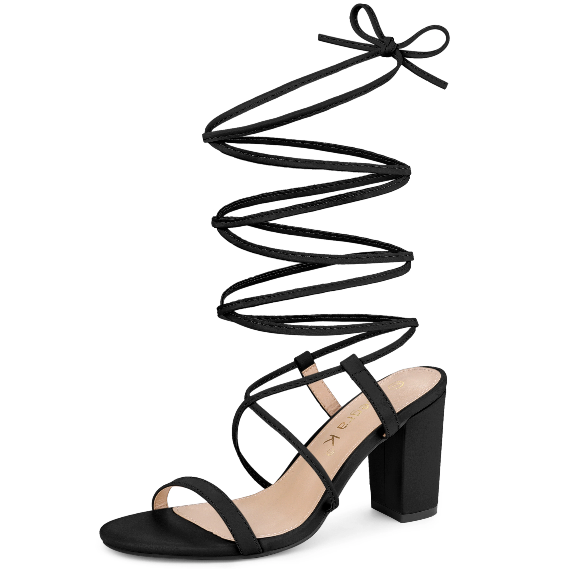BLISSFUL STEP Women Open Toe Strappy One Strap Lace Up Chunky Heels Sandals