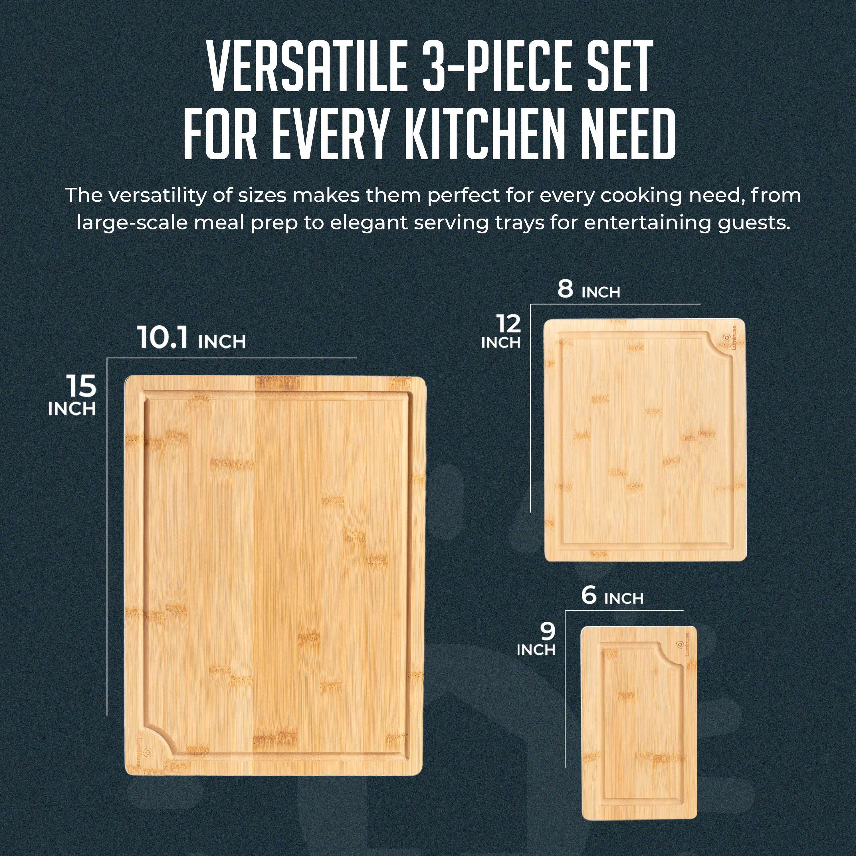 Luminuxe Bamboo Cutting Board Set of 3, Heavy‑Duty Nonslip Wood Boards with Juice Groove for Kitchen Prep
