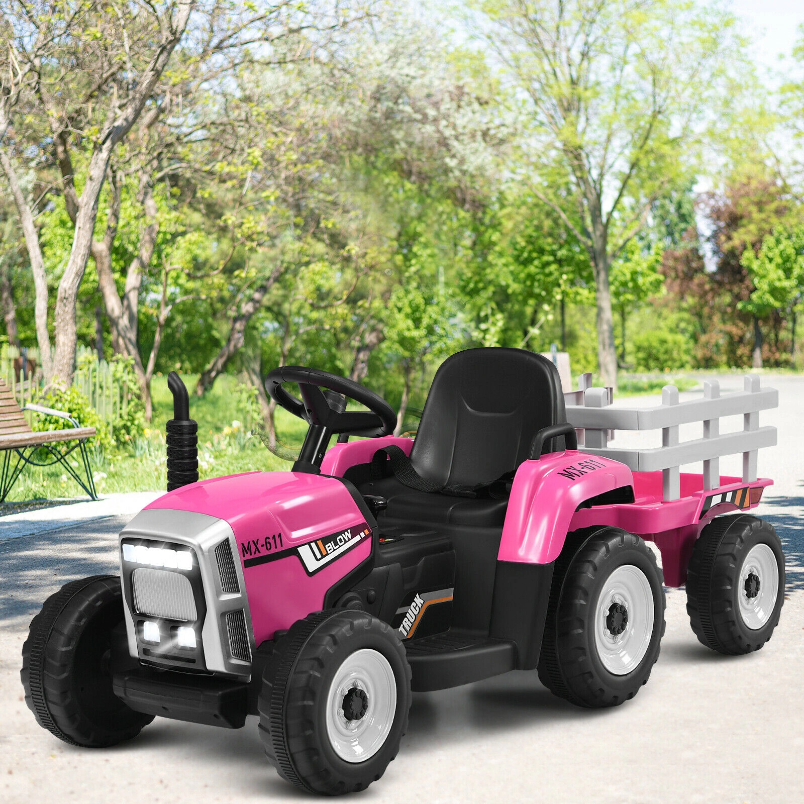 12V Kids Ride On Tractor Detachable Trailer 3-Gear Shift Handle 2.4G Parent Remote LED Headlights Ages 3+ Pink