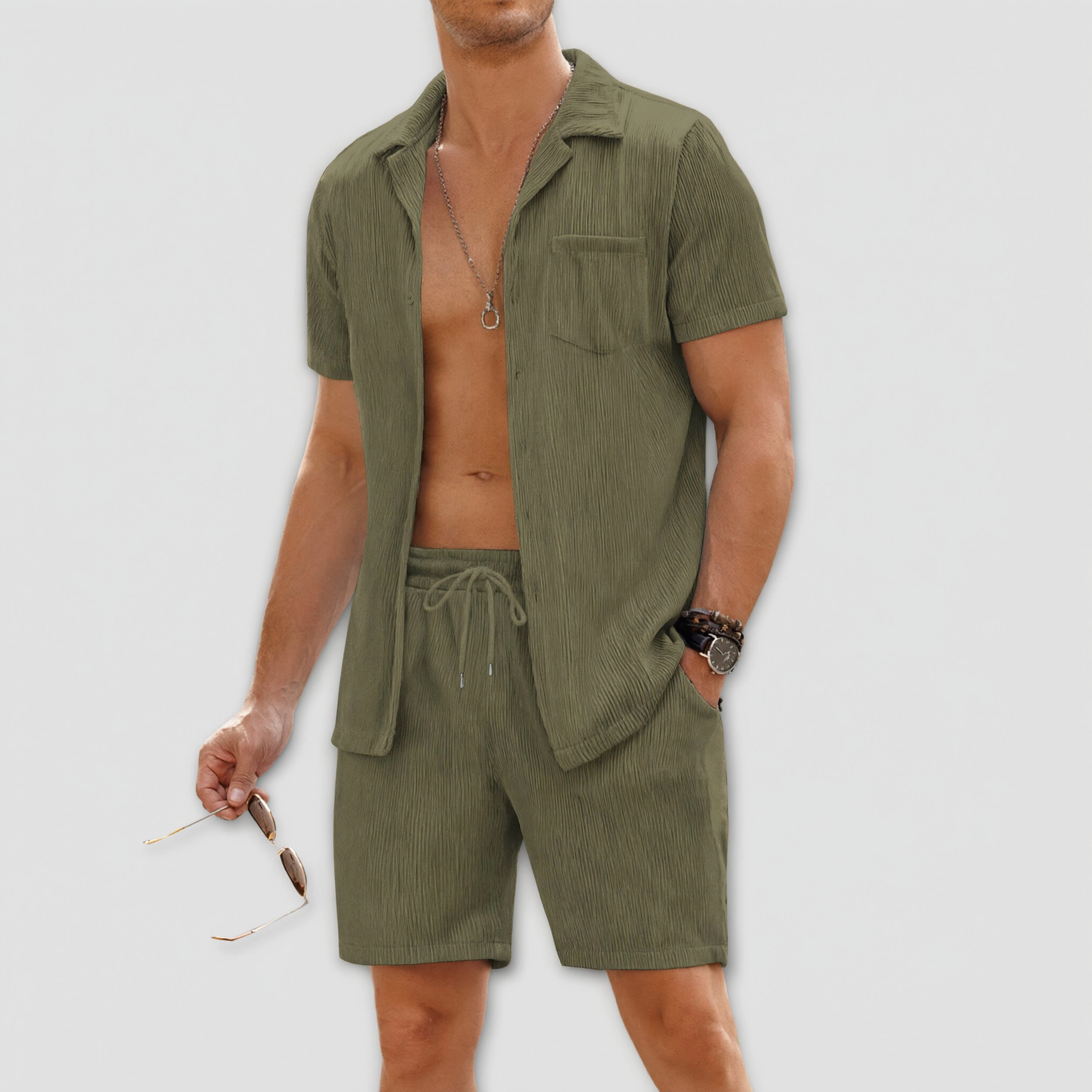 COOFANDY Men's Regular Fit Short Sleeve Button Down Shirt and Drawstring Shorts Two Piece Set