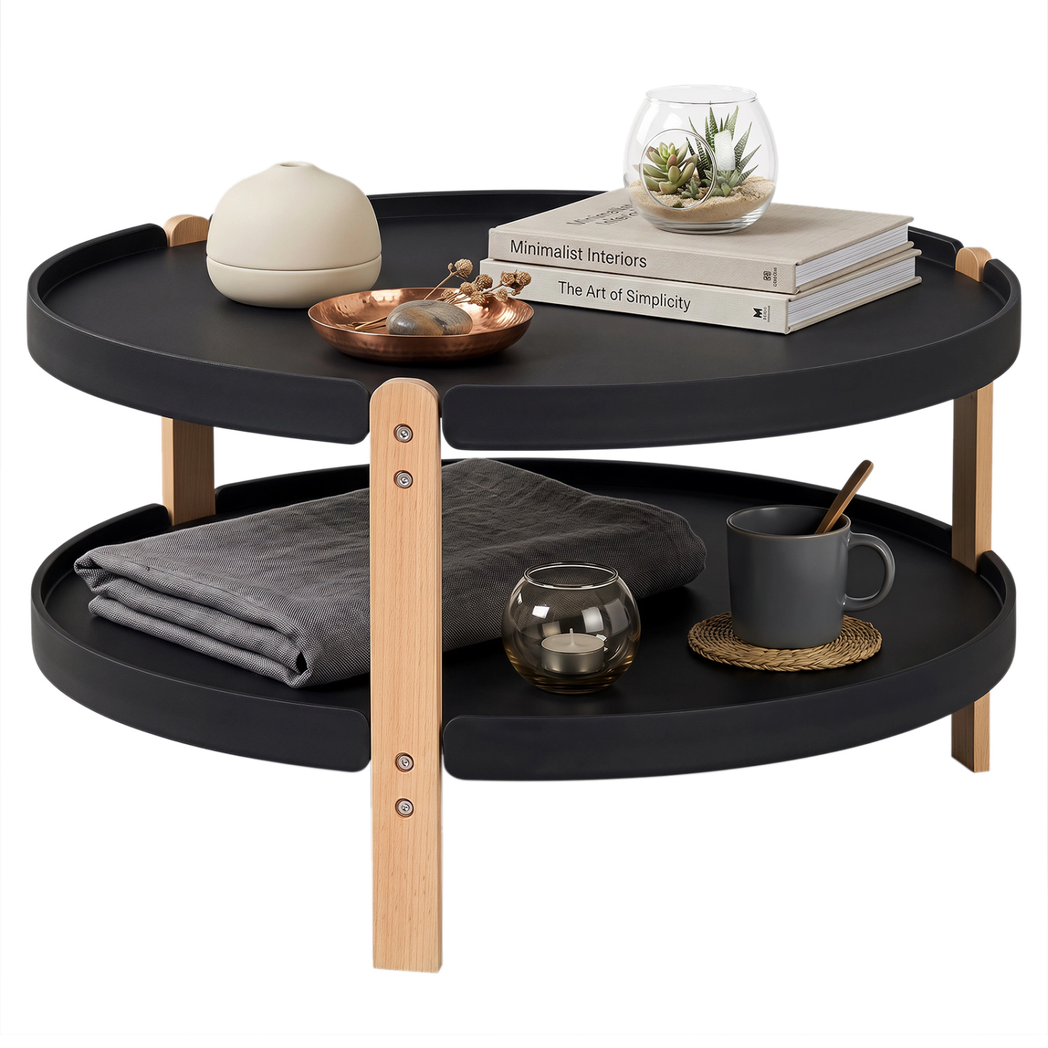 LJG 2-Tier Round Coffee Table with Open Storage Shelf and Solid Beech Wood Legs for Living Room