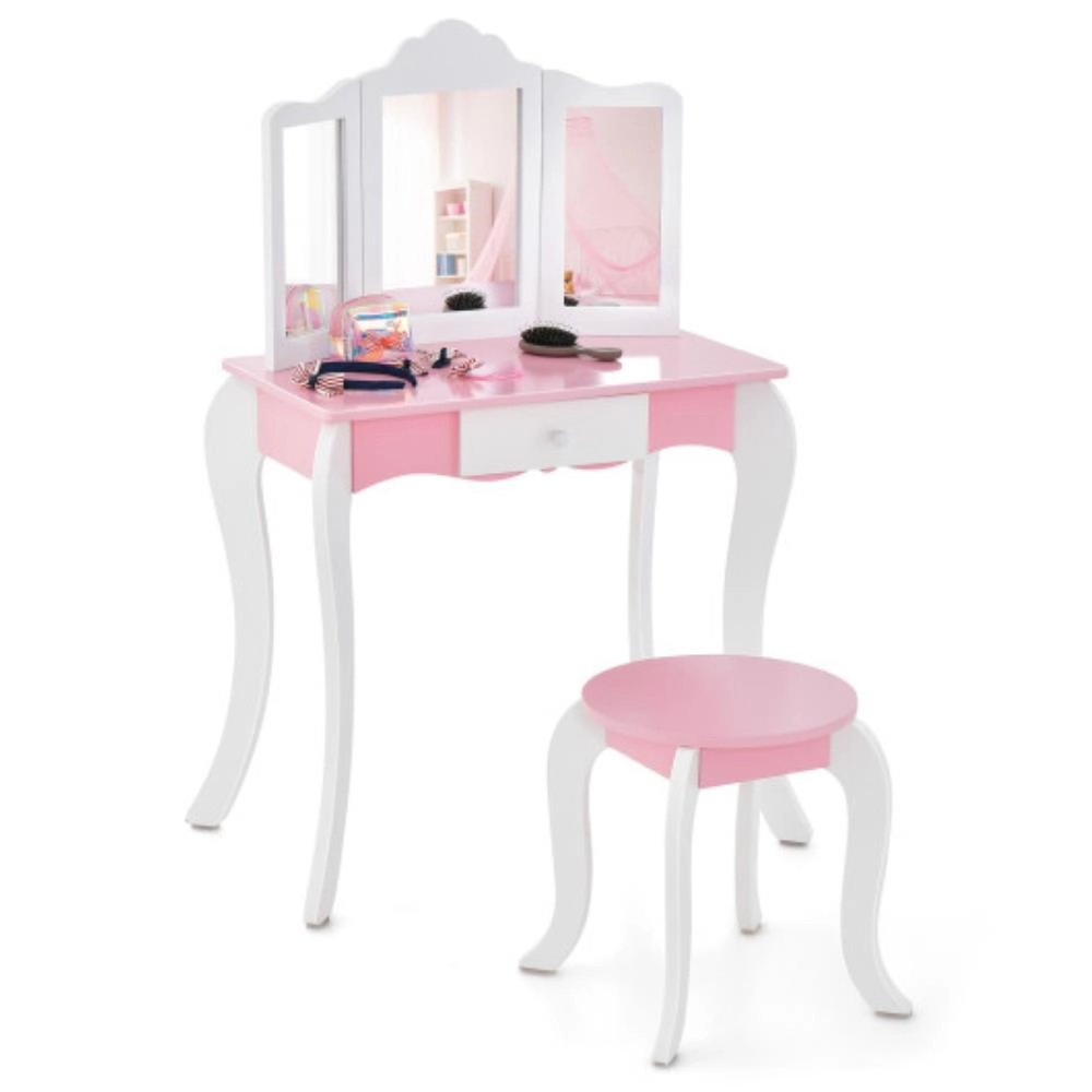 Hivvago Kid'S Wooden Vanity Table And Stool Set  With 3-Panel Acrylic Mirror-White
