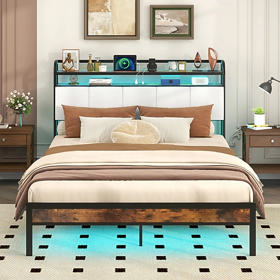 SUGIFT Queen Platform Bed with LED Headboard, Charging Station and 2-Tier Shelf, Rustic Brown