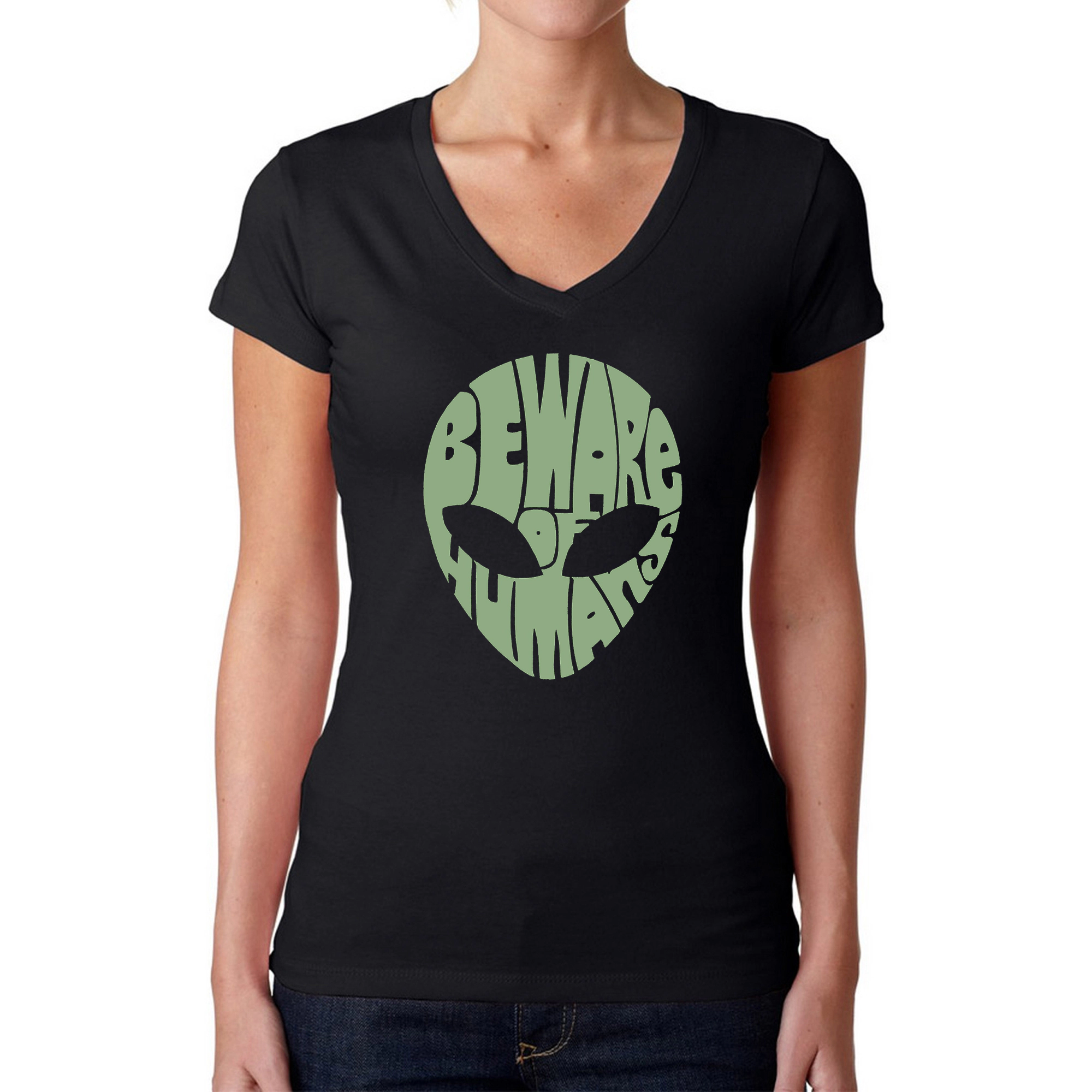 LA Pop Art Womens Word V-Neck T-Shirt - Beware of Humans