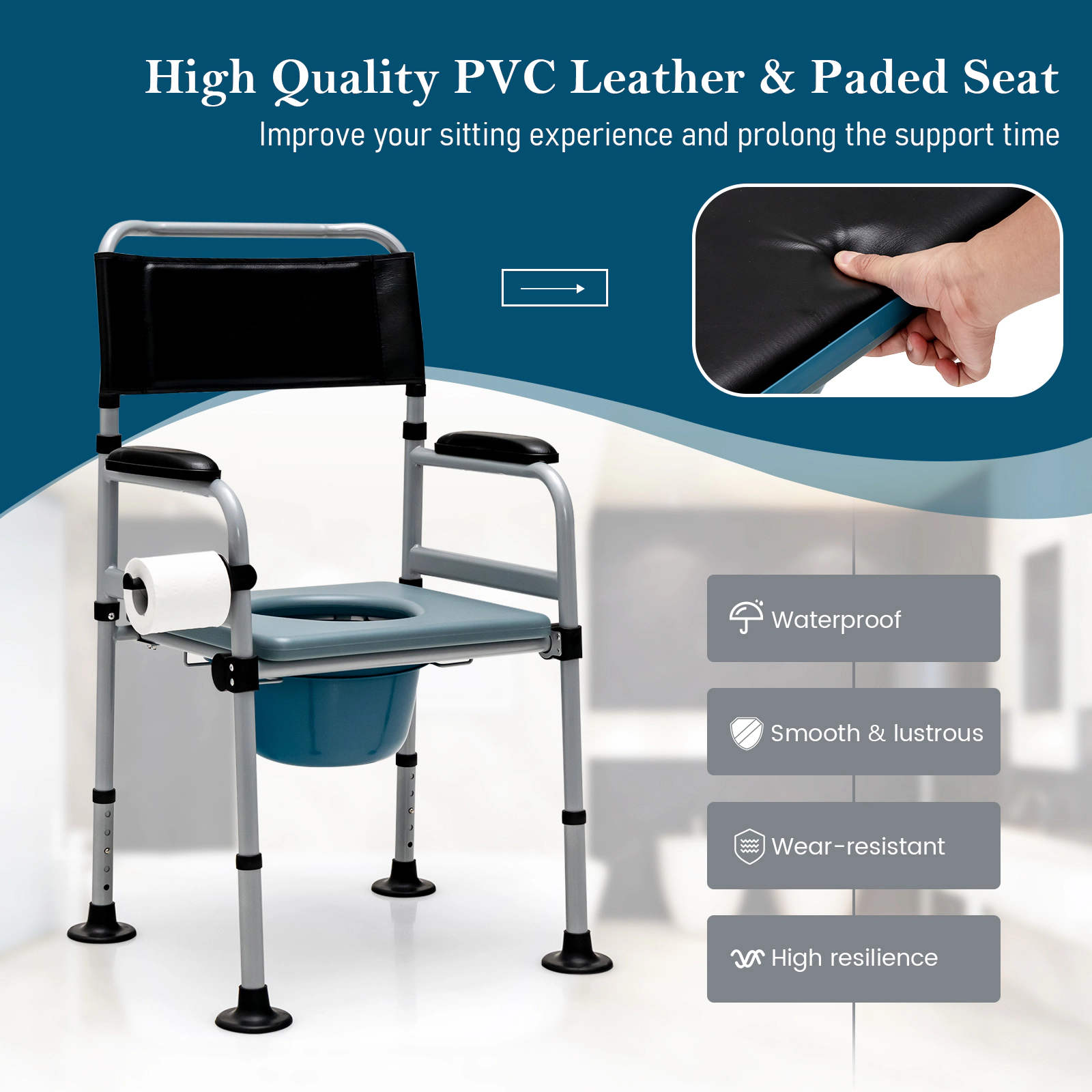 SUGIFT 4-in-1 Folding Bedside Commode and Shower Chair, 440-lb Capacity, Adjustable Height