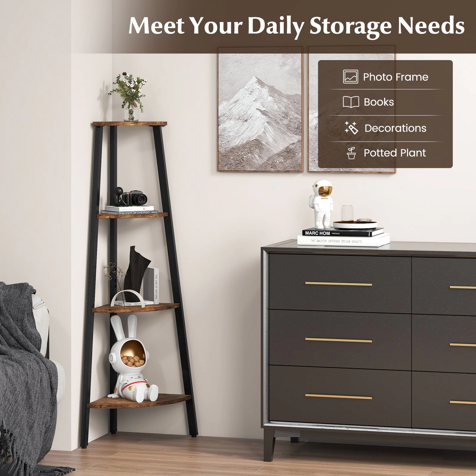 SlickBlue Modern 4-Tier Corner Bookshelf with Open Display Shelves