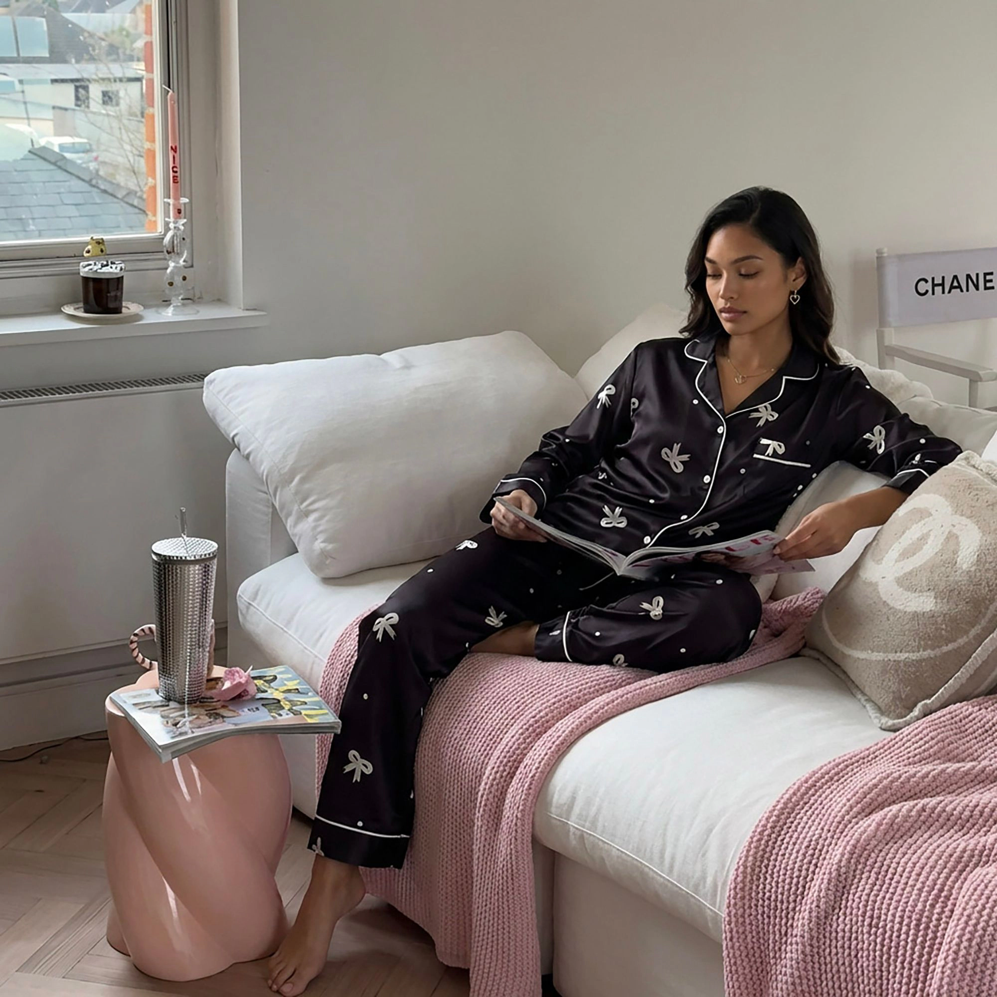 Anna-Kaci Women's Printed Satin Pajama Set with Button Up Long Sleeve Top and Piping Detail